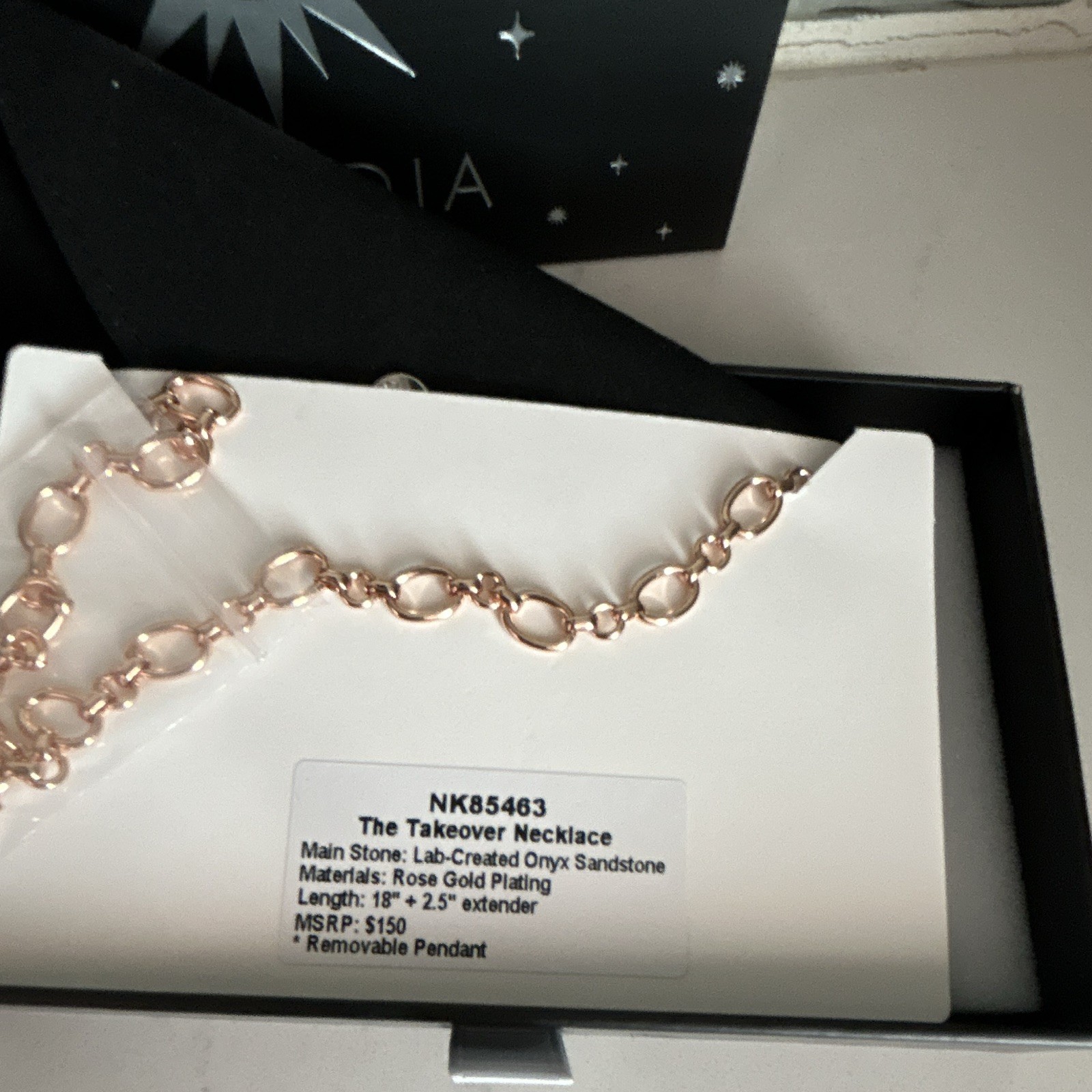 Bomb party obsedia Takeover Necklace Rose Gold Plated Onyx Sandstone CZ 18″