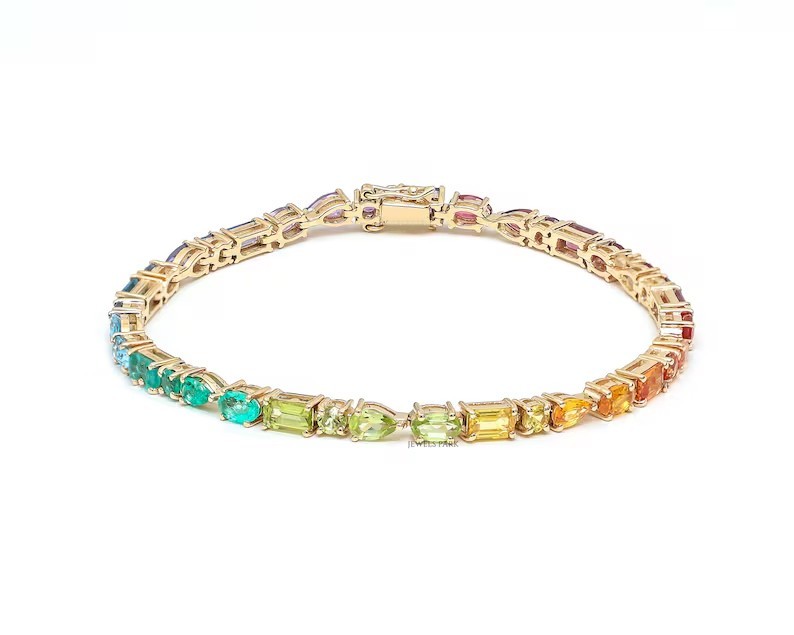 Multi Shape Rainbow Gemstone Tennis Bracelet In 14K Yellow Gold Handmade Jewelry