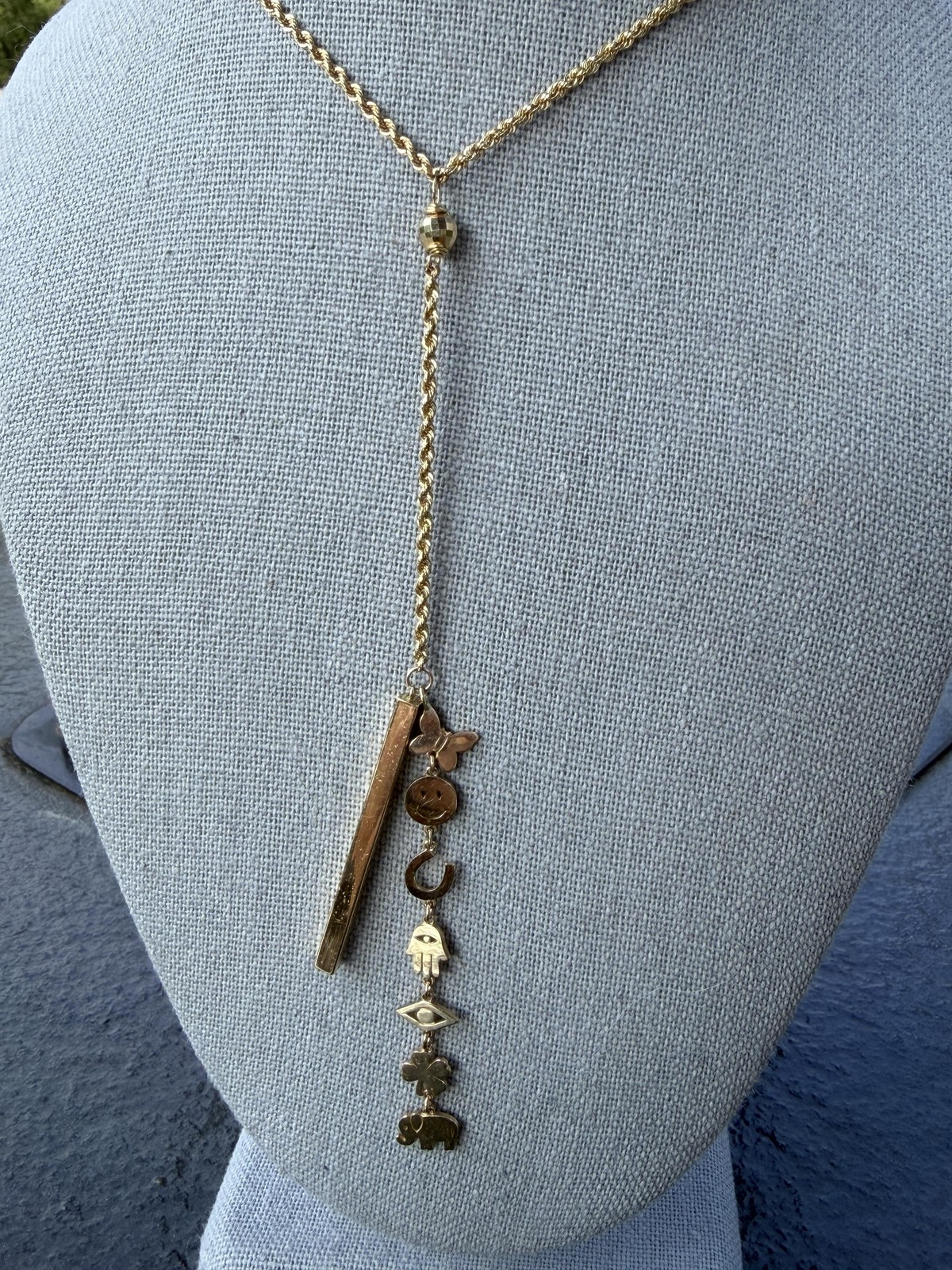 Sydney Evan 14k Yellow Gold Drop Y Necklace Rope Chain Pendant Bar Charms 18″ 6g