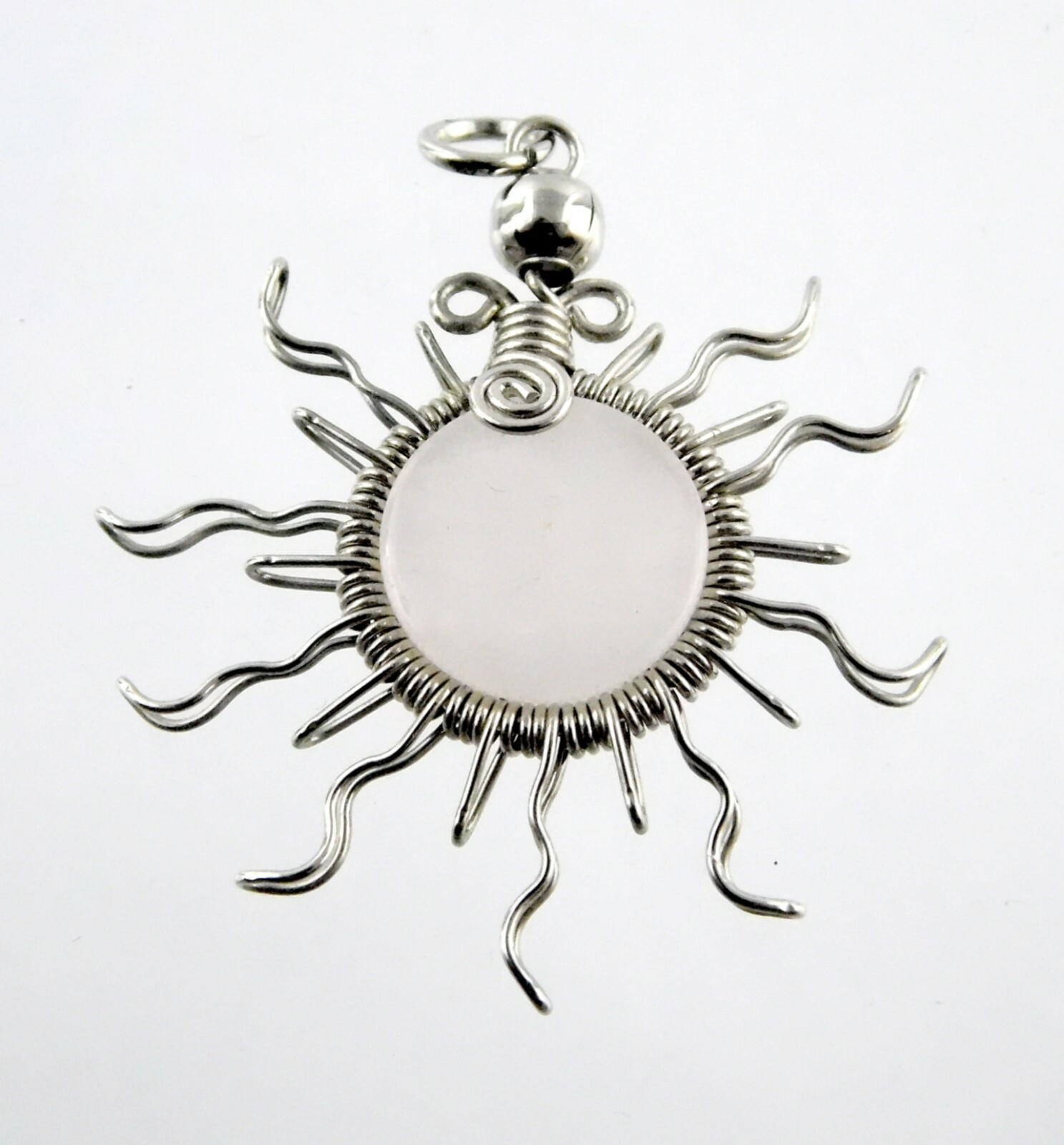 Unmarked Silvertone Metal and Wire Wrapped Quartz Sun Pendant 1.75 Inches 6g