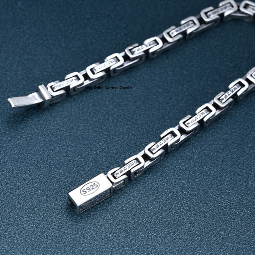 Pure S925 Sterling Silver Chain 5mm Six Words Byzantine Link Bracelet 7.1-7.9in