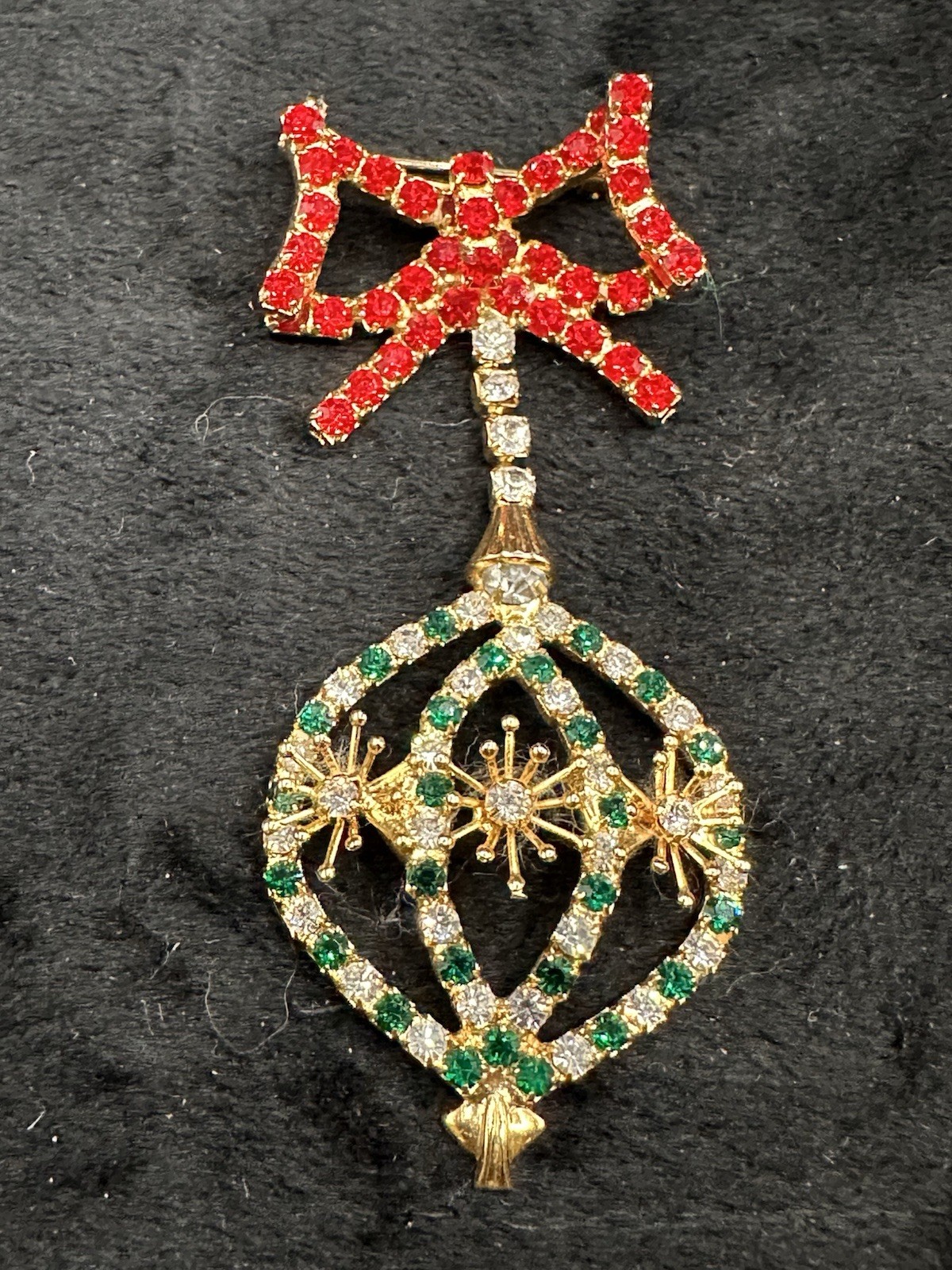 Vintage Dangling Christmas Ornament Brooch Gold-tone Red Green Clear Rhinestones