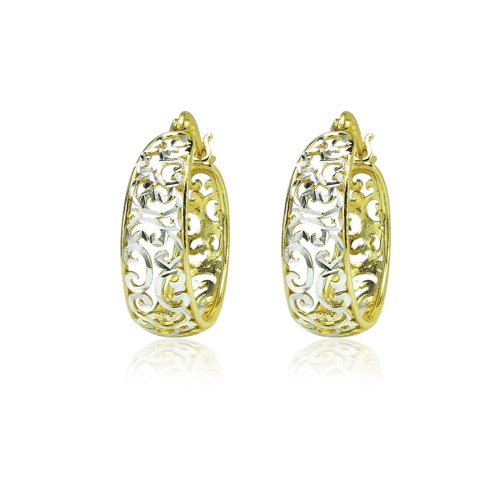 Yellow Gold Flashed 925 Silver Two-Tone Diamond-cut Filigree Swirl Hoop Earrings