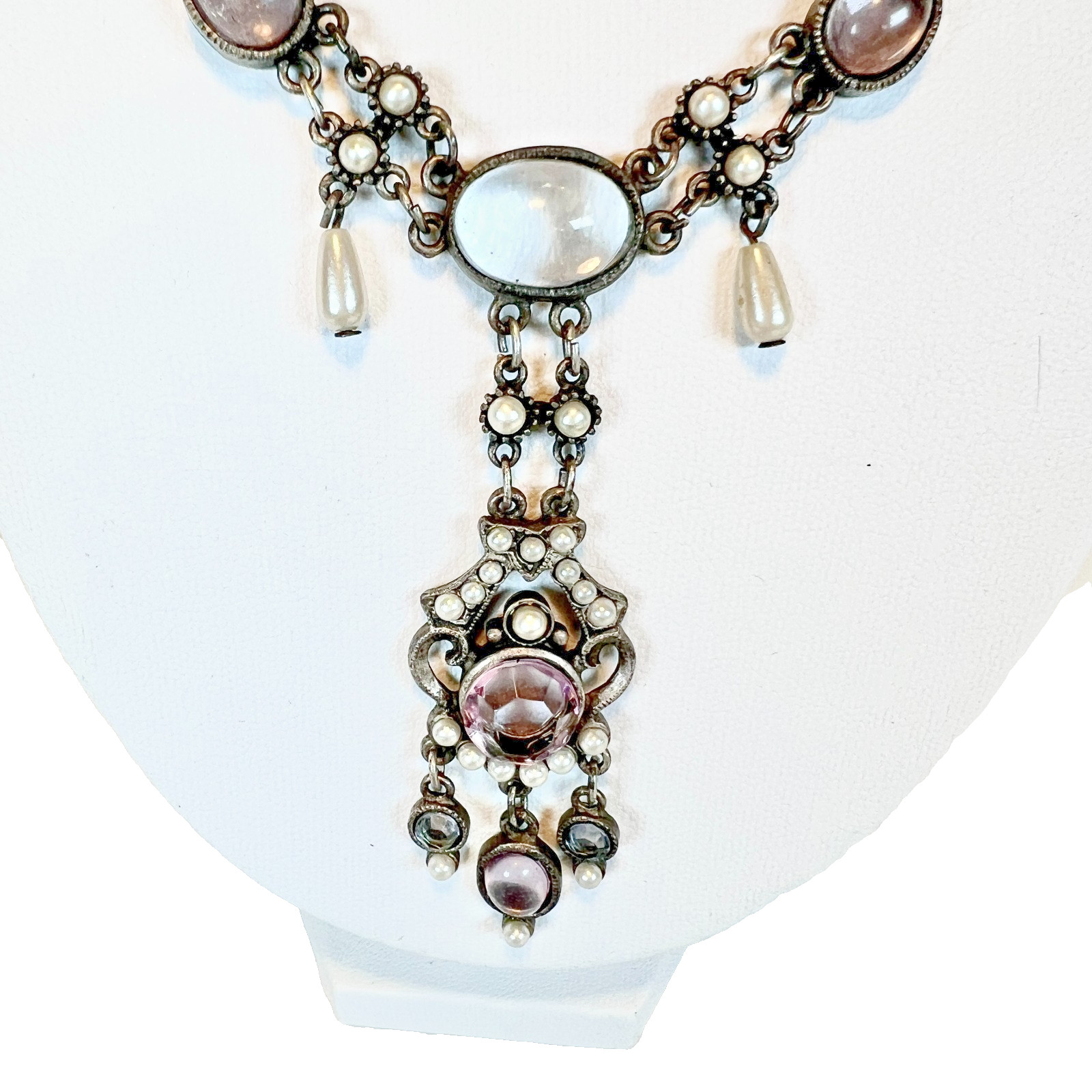 Vintage Moonstone Rhinestone Simulated Pearl Necklace Victorian Poured Glass