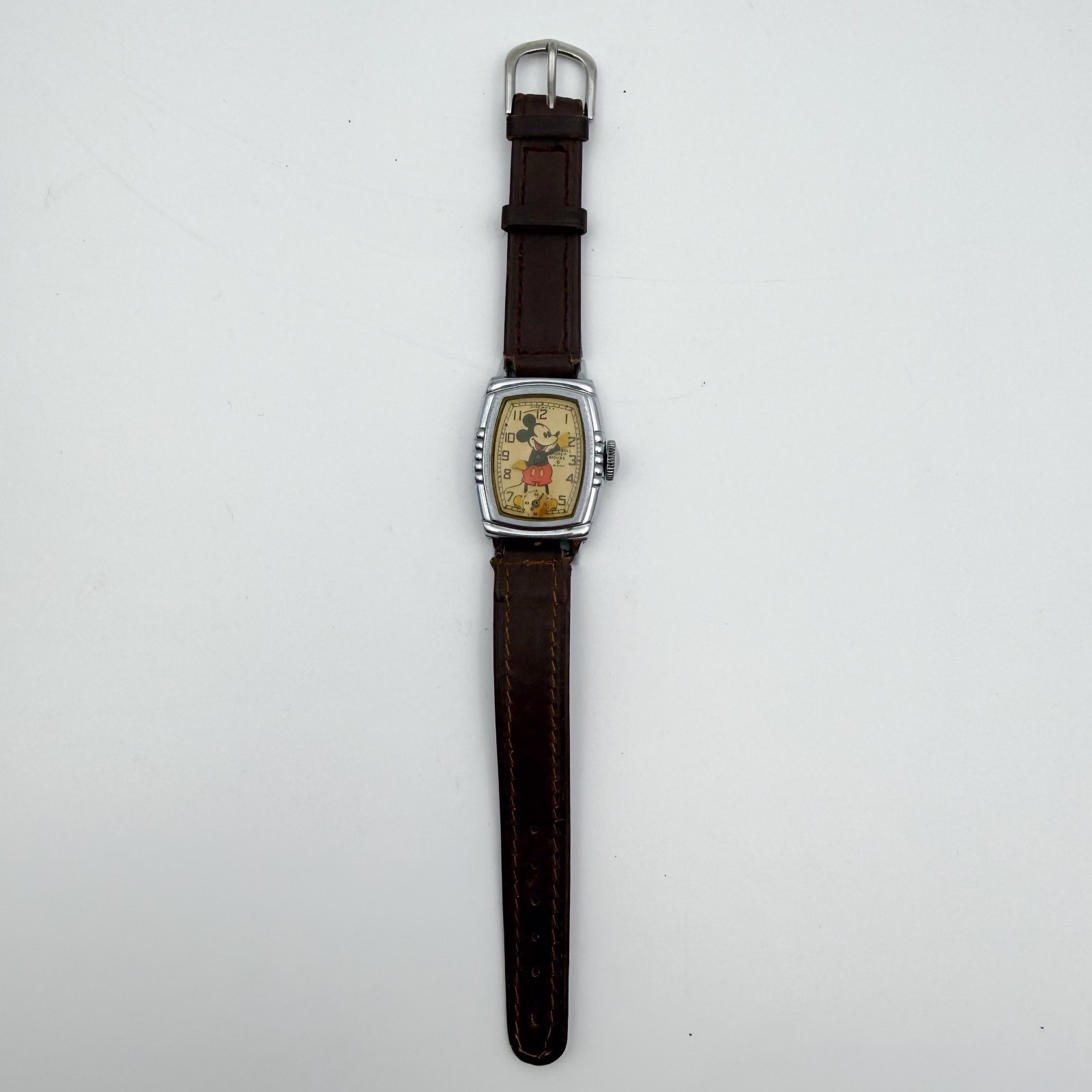 Mickey Mouse 1930’s Disney Ingersoll Chrome Watch w/ Leather Band 1939 Working