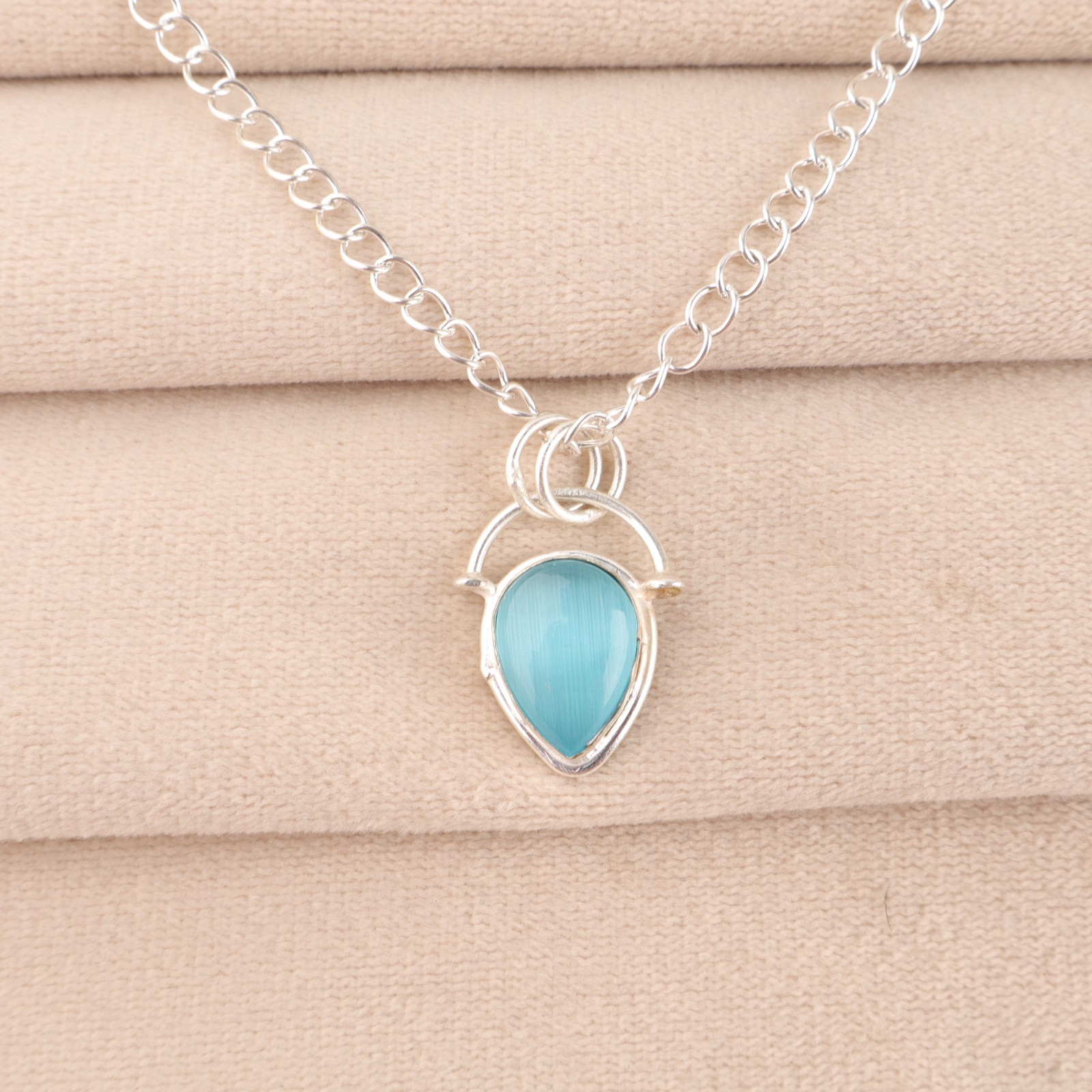 925 Silver Blue Cat’s Eye Gemstone Jewelry Handmade Dainty Pendant 1.01″ For Her