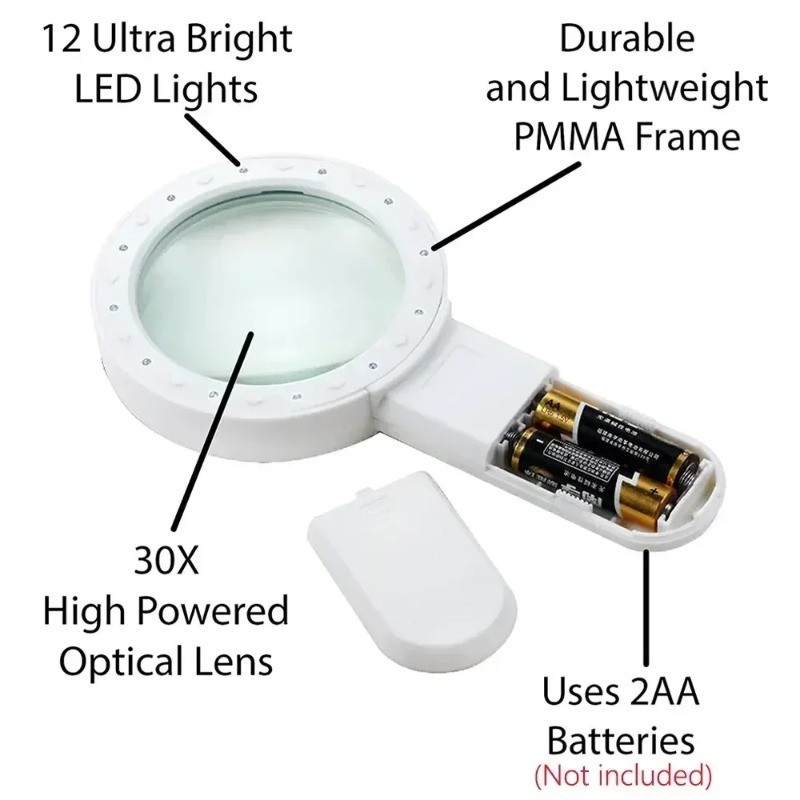 30x Jumbo Handheld Magnifying Glass w/ 12 Bright LED Light Illuminated Magnifier