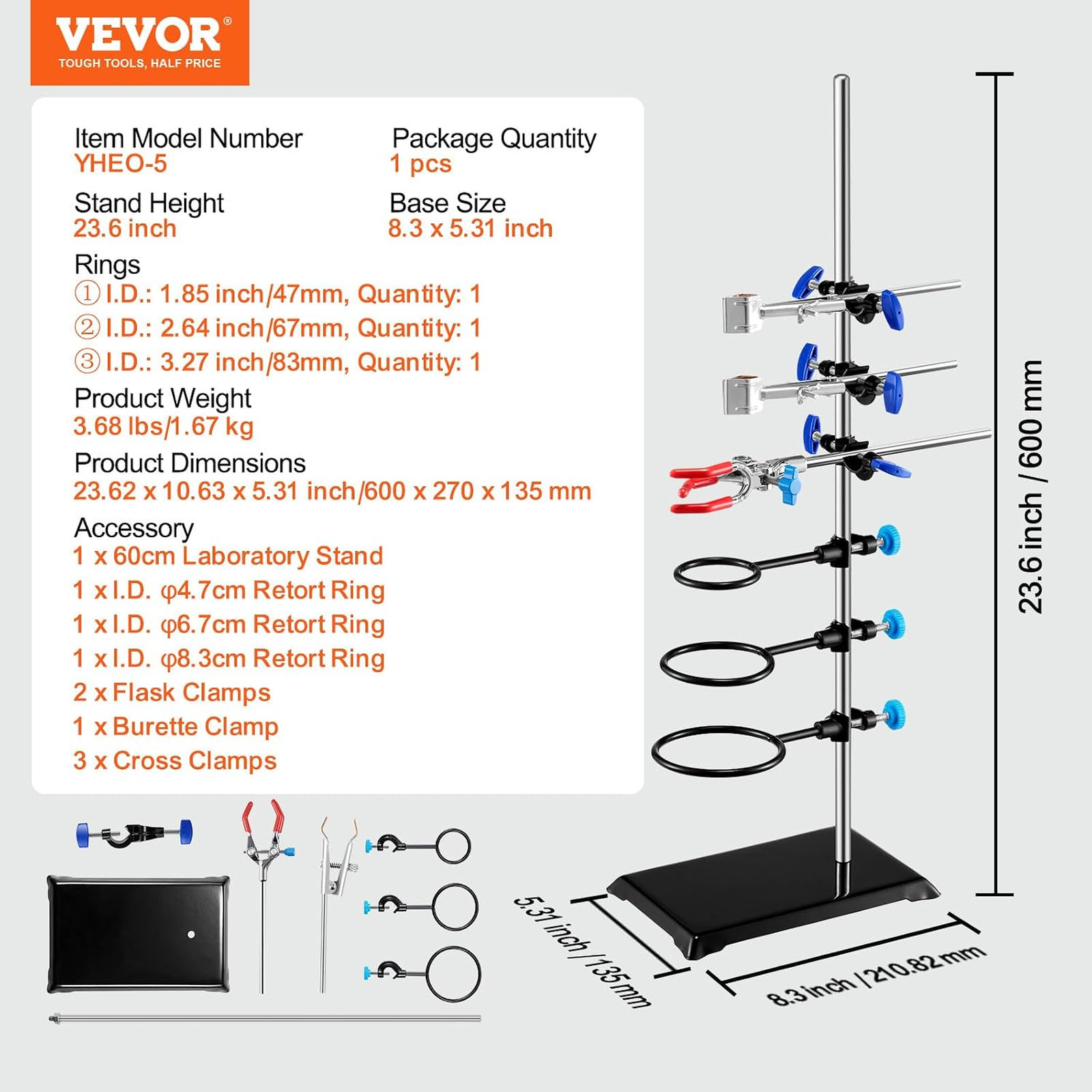 Lab Stand Support, Laboratory Retort Support Stand Set, Steel Lab Stand 23.6