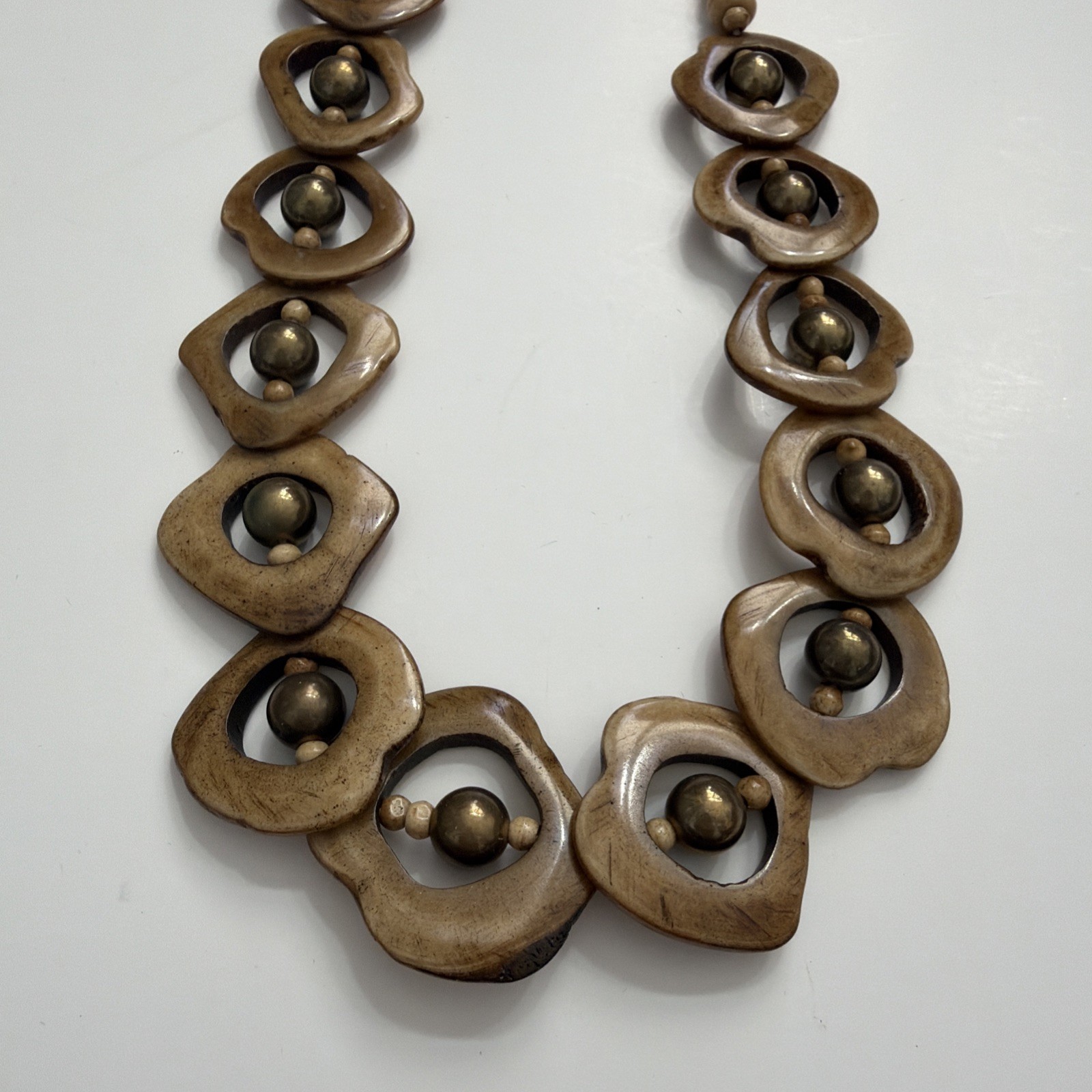 Artisan Vntg Wood Statement Necklace Carved Wooden Links with Brass Tone Beads