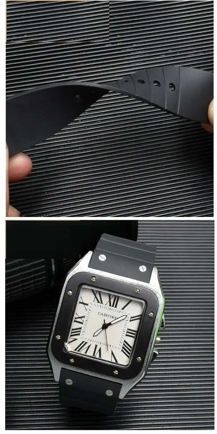 23mm Watchband For Cartier Santos 100 Rubber Band Black Rivet Silicone Strap