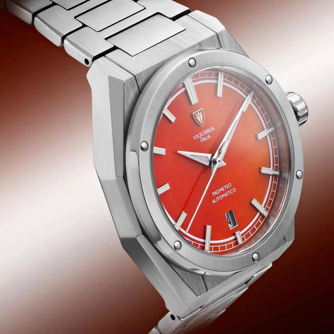Viqueria Prometheus Agate Automatic Red Steel Date Stone Men’s Watch