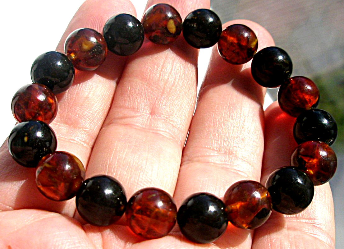 Real Baltic Amber Boho Round Beads 9 mm, Bracelet 16 cm 6.3”, Red Cherry, Black