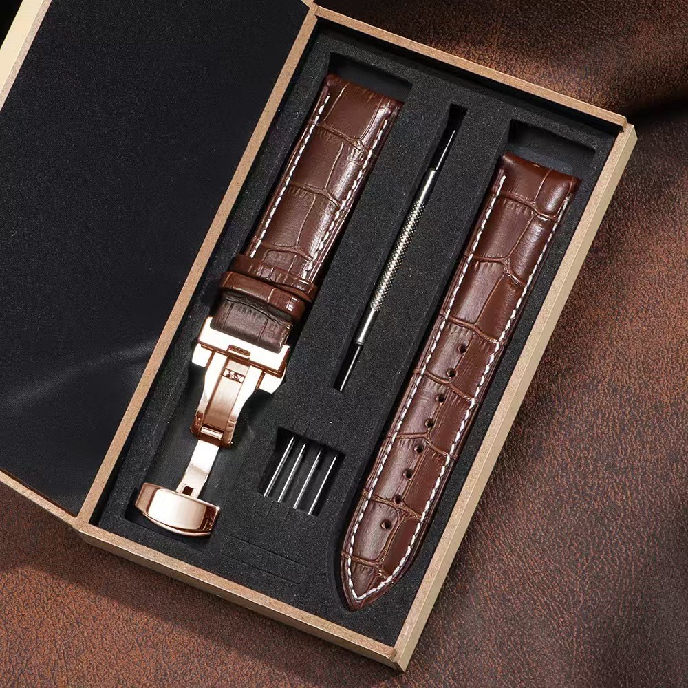 Genuine Leather Watch Band High Quality Cowhide Strap Deployment Clasp 19-24mm
