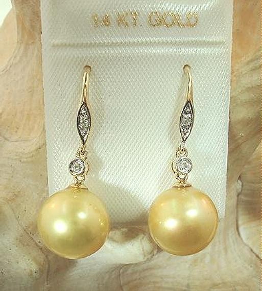 10.9mm Cultured FW Golden Pearl 0.04Cts Diamond 14k Yellow Gold Hook Earrings