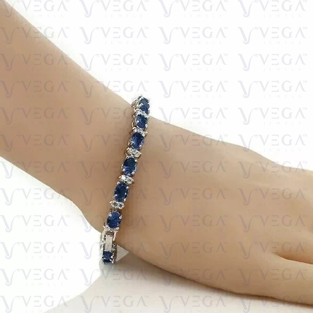11Crt Oval Cut Natural Sapphire & Diamond Tennis Bracelet 18k White Gold Filled