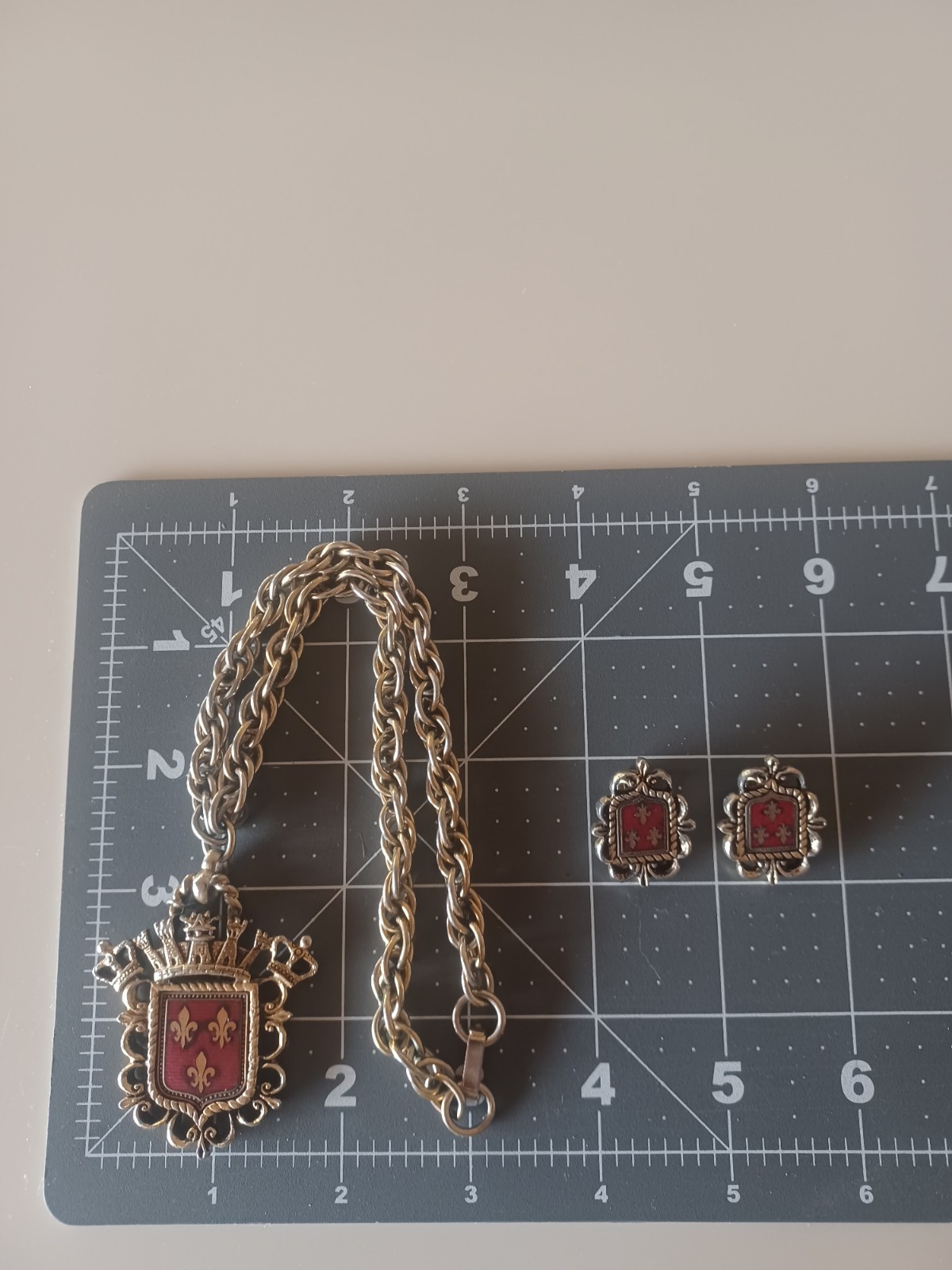 Vintage Fleur-De-Lis Necklace Earrings Medallion Coat of Arms Eagle Crown