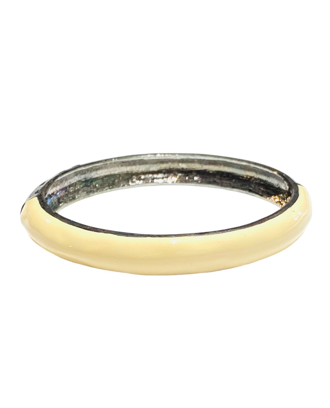 Vintage Black & Cream White Enamel Silver Tone Bangle Hinged Bracelet Clamper