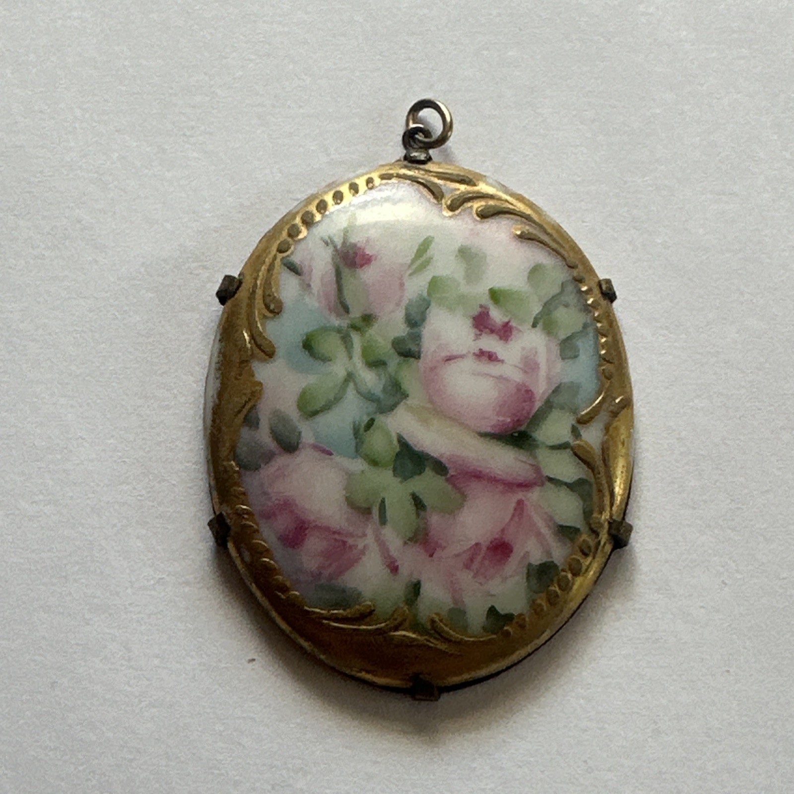 Antique Hand Painted Porcelain Pendant Pink Roses Gold Tone Setting Gold-Gilt