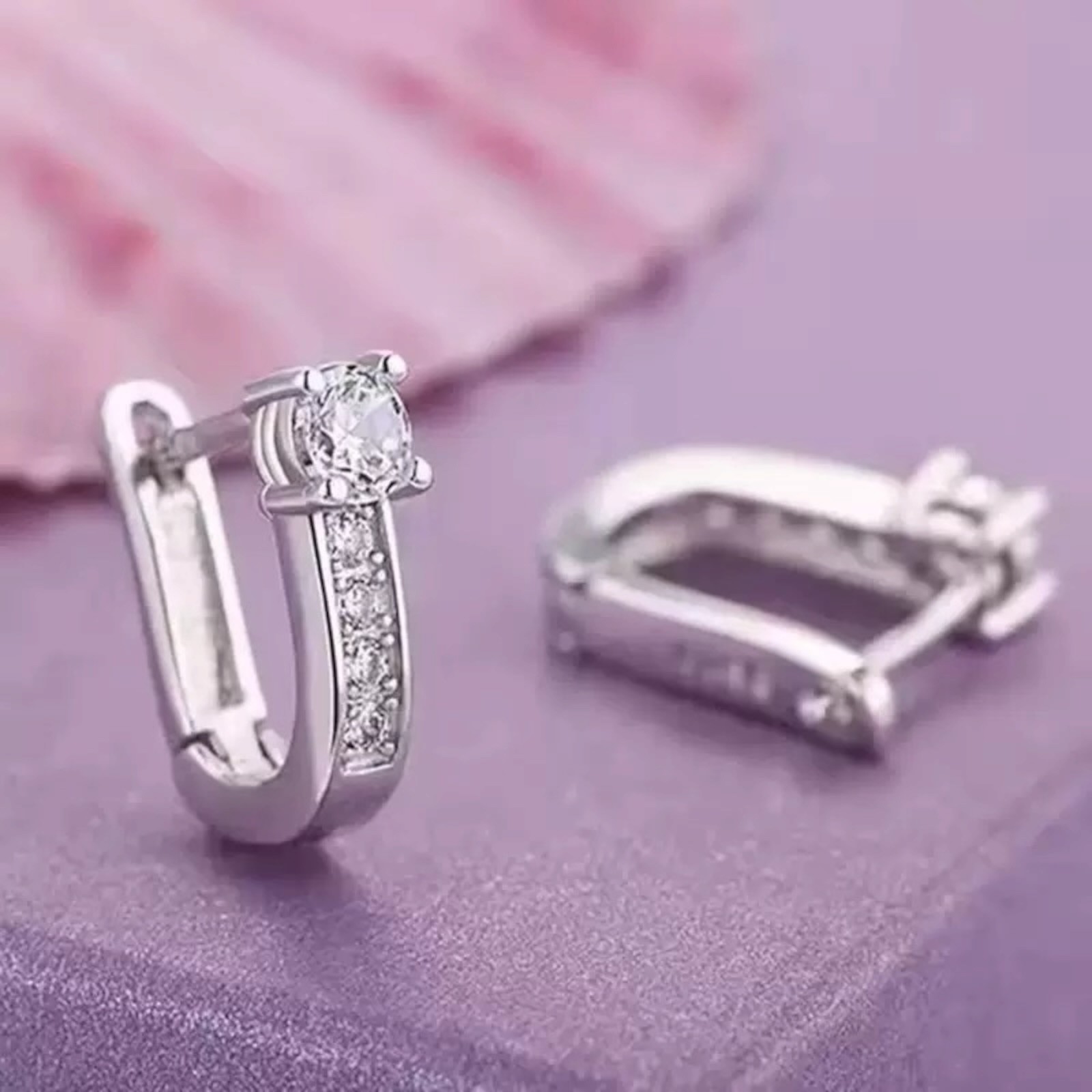 Women Girl 925 Sterling Silver CZ U Shape Hoop Earrings S925 Stamped Gift B49
