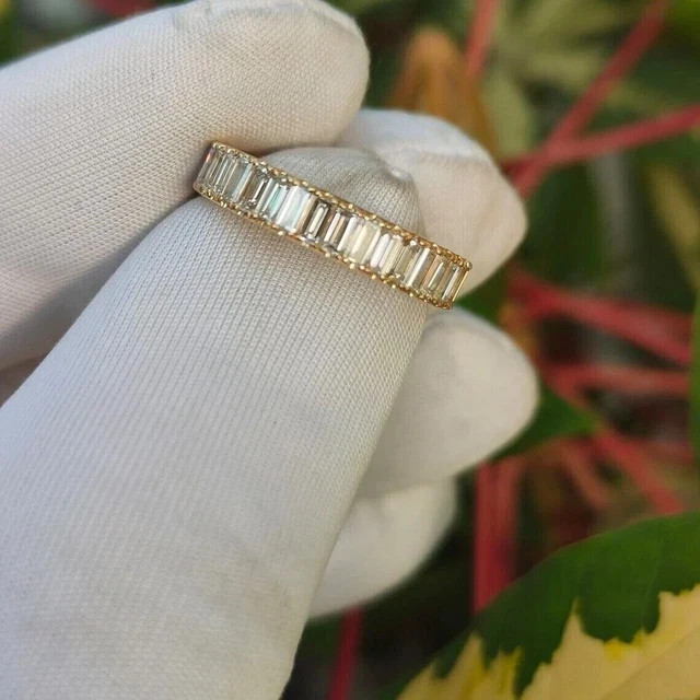 1.90Ct Baguette Cut Natural Moissanite Full Eternity Band 14K Yellow Gold Plated