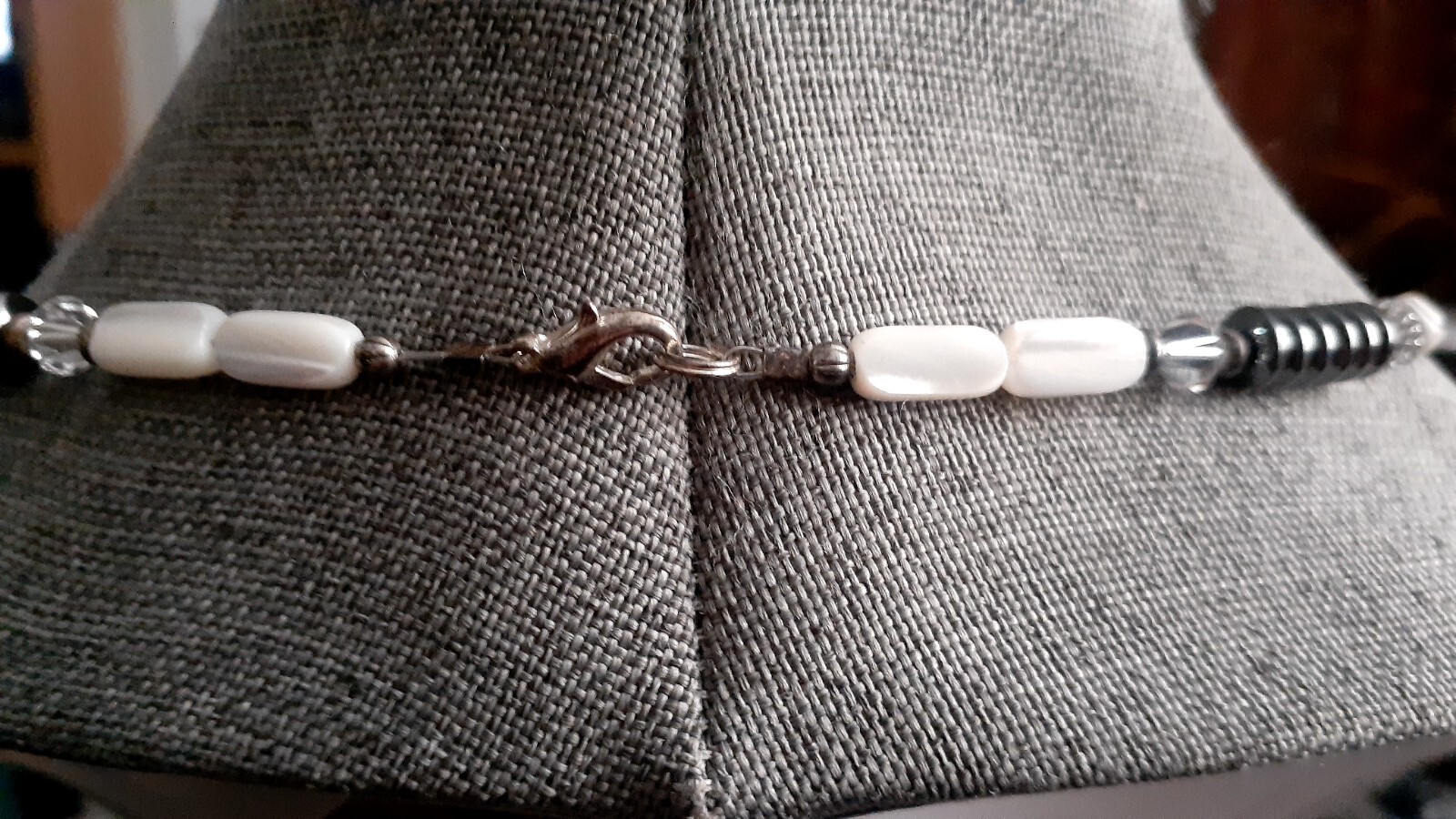 Mother of Pearl Hematite Clear & Black Stone Necklace. 18″