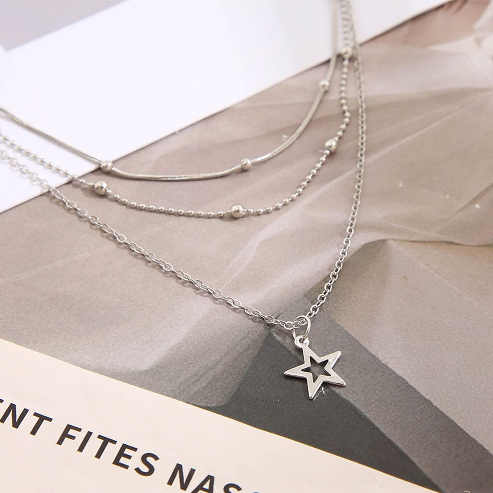 Boho Layered Star Necklace Choker – Silver Pendant, Beads Satellite Chain, Vinta
