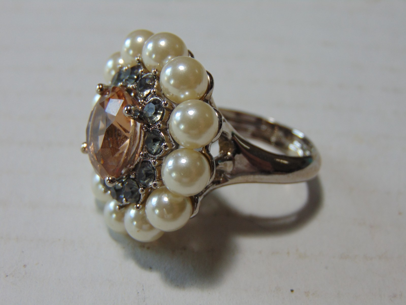 VTG NVC Faux Pearl Topaz Glass Cocktail Ring Size Adjustable FREE SHIPPING