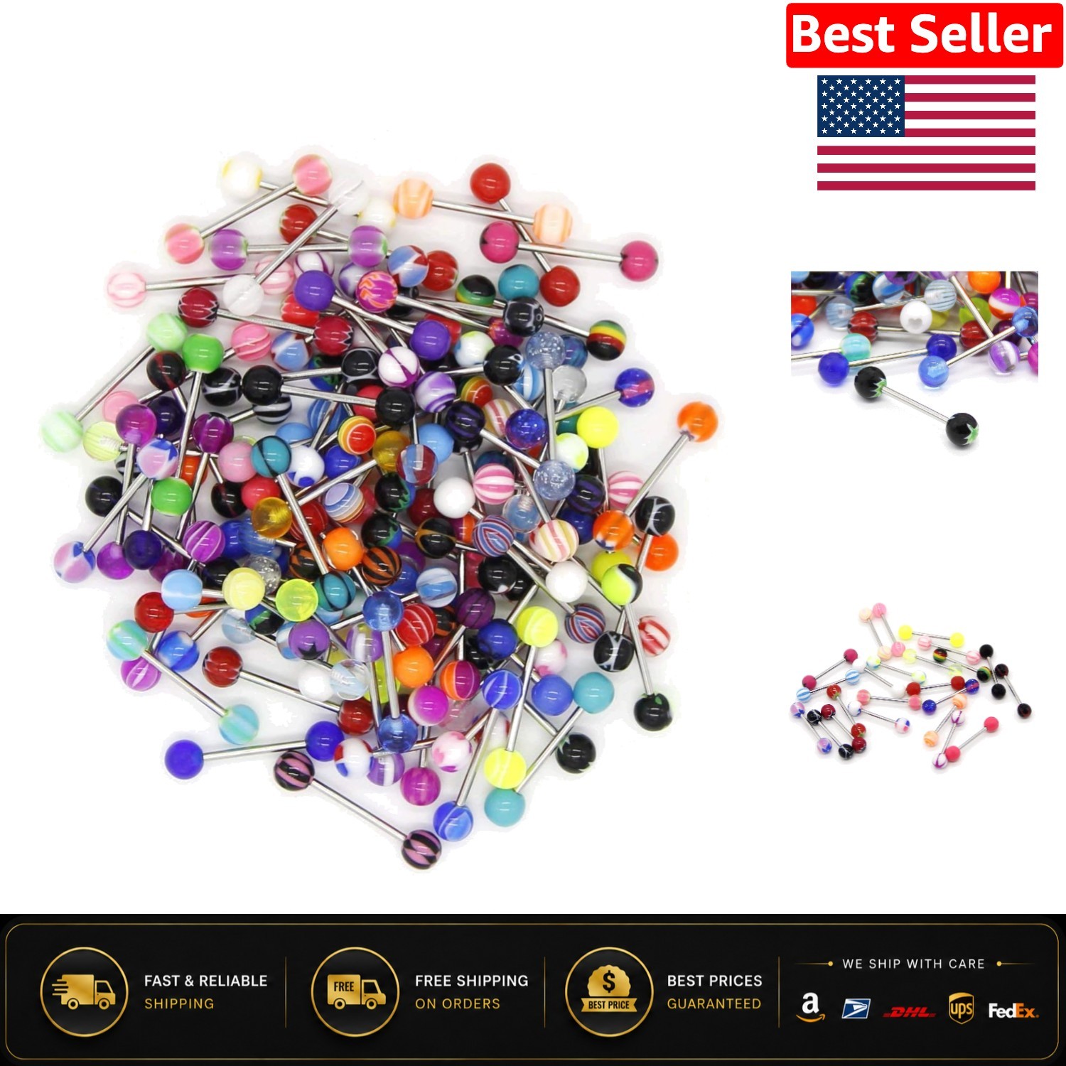 Versatile 110Pcs Tongue Rings: 14g Stainless Steel with Color Options for All