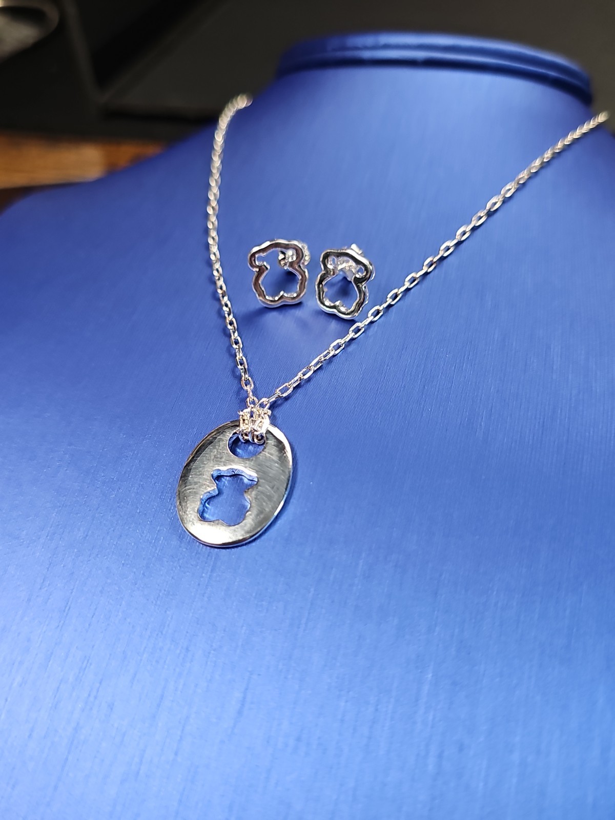 Tous Teddy Bear Pendant Necklace Earring Set Openwork S925 Sterling Silver 16″