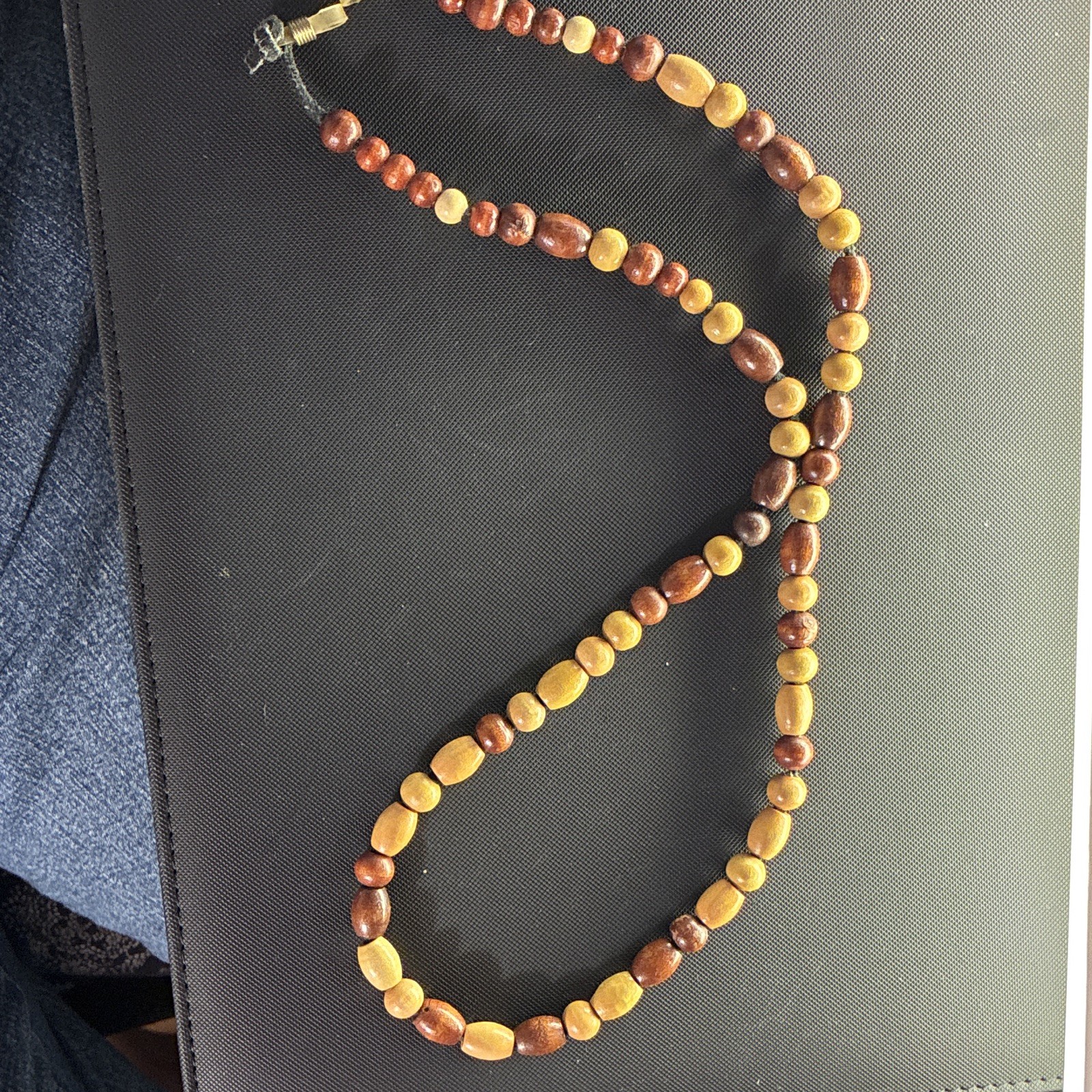 Brown Tan Wooden Beaded Necklace Ball/Bead Chain Barrel Closure No Stone