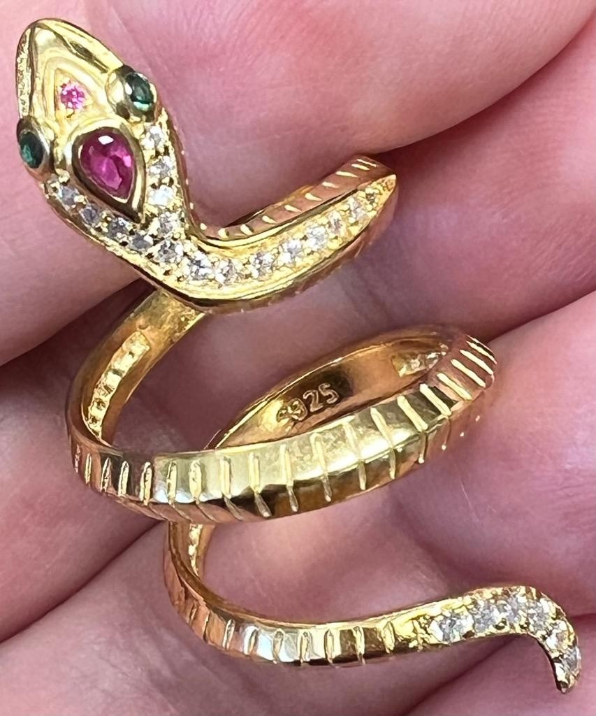 REAL Ruby Emerald Diamond Snake Ring 14K Y Gold on 925 wrap coiled Egyptian Rev