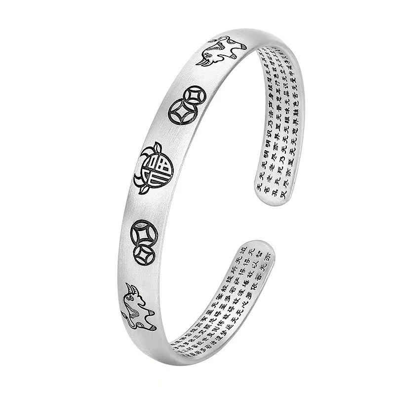 Pure S999 Fine Silver Bracelet Lucky Fu Cow Open Bangle 30-31g ID:56mm