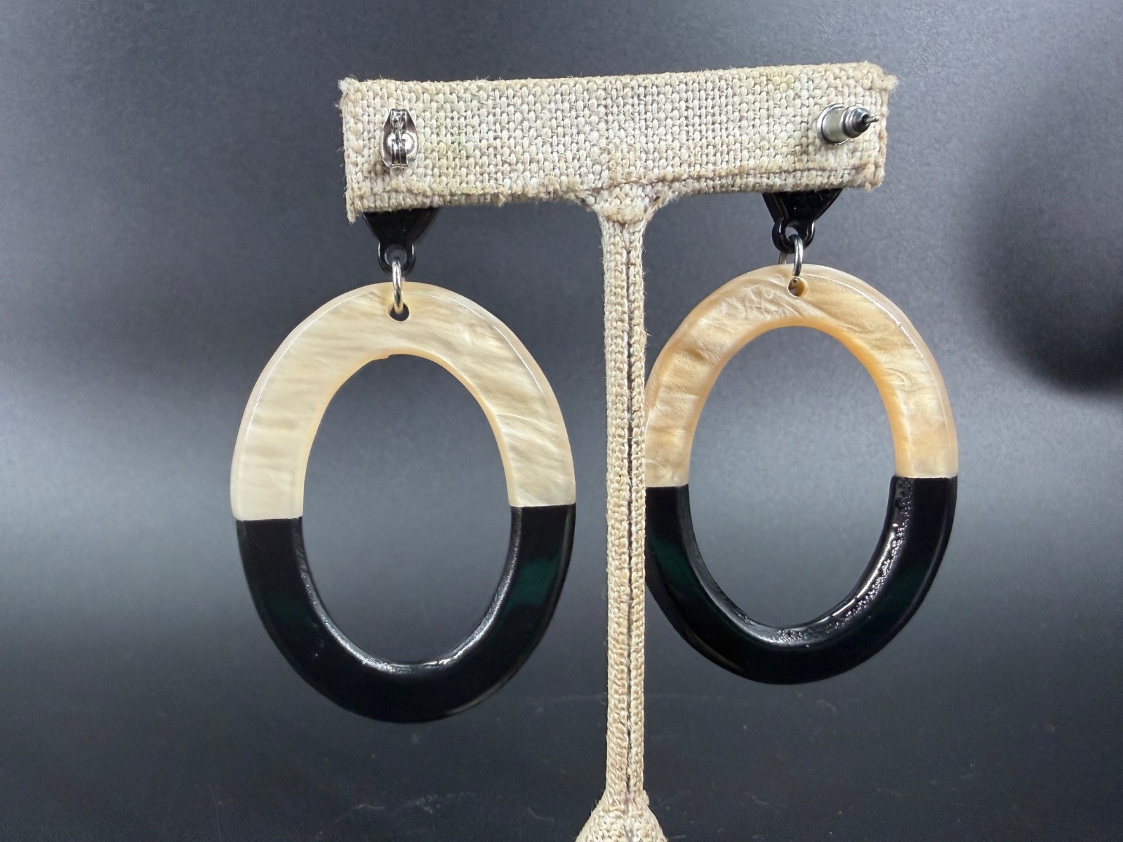 Mod Lucite Oval Dangle Earrings Black Cream Statement