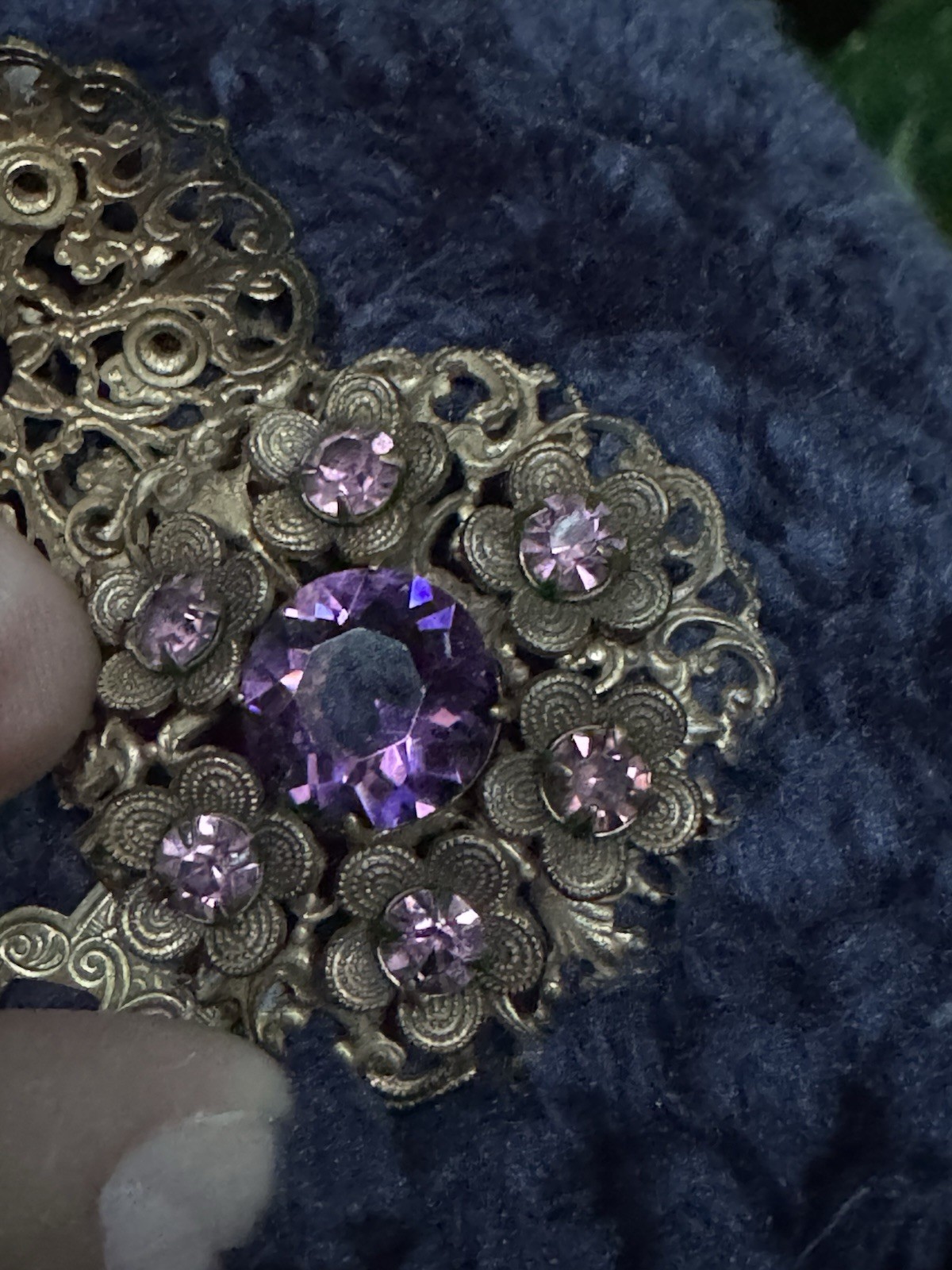 Vintage Purple and Gold Tone Clip-On Czechoslovakian Earrings 1.75 Victorian Rev