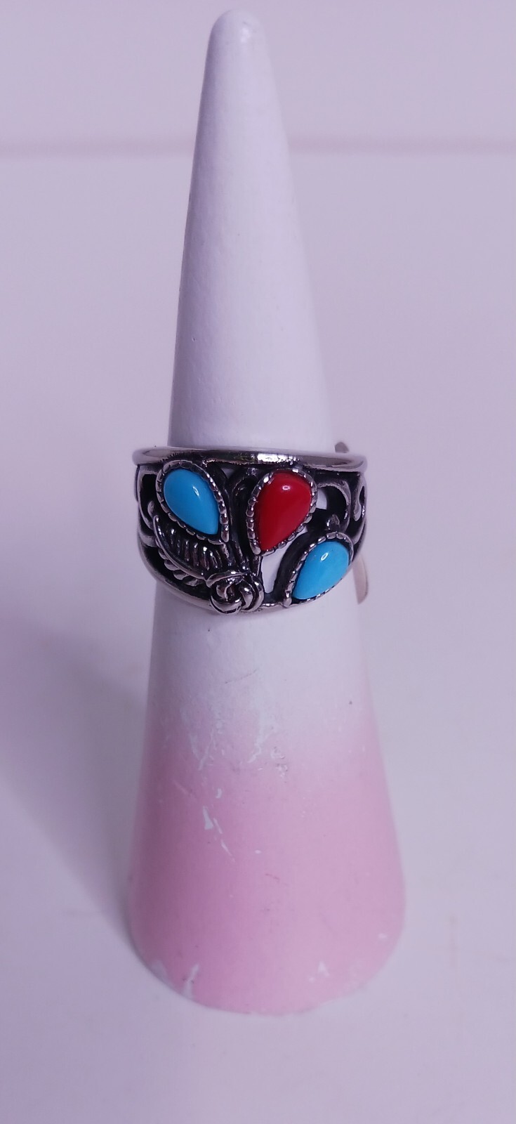 Southwest Turquoise And Coral Silvertone Ring Size 6