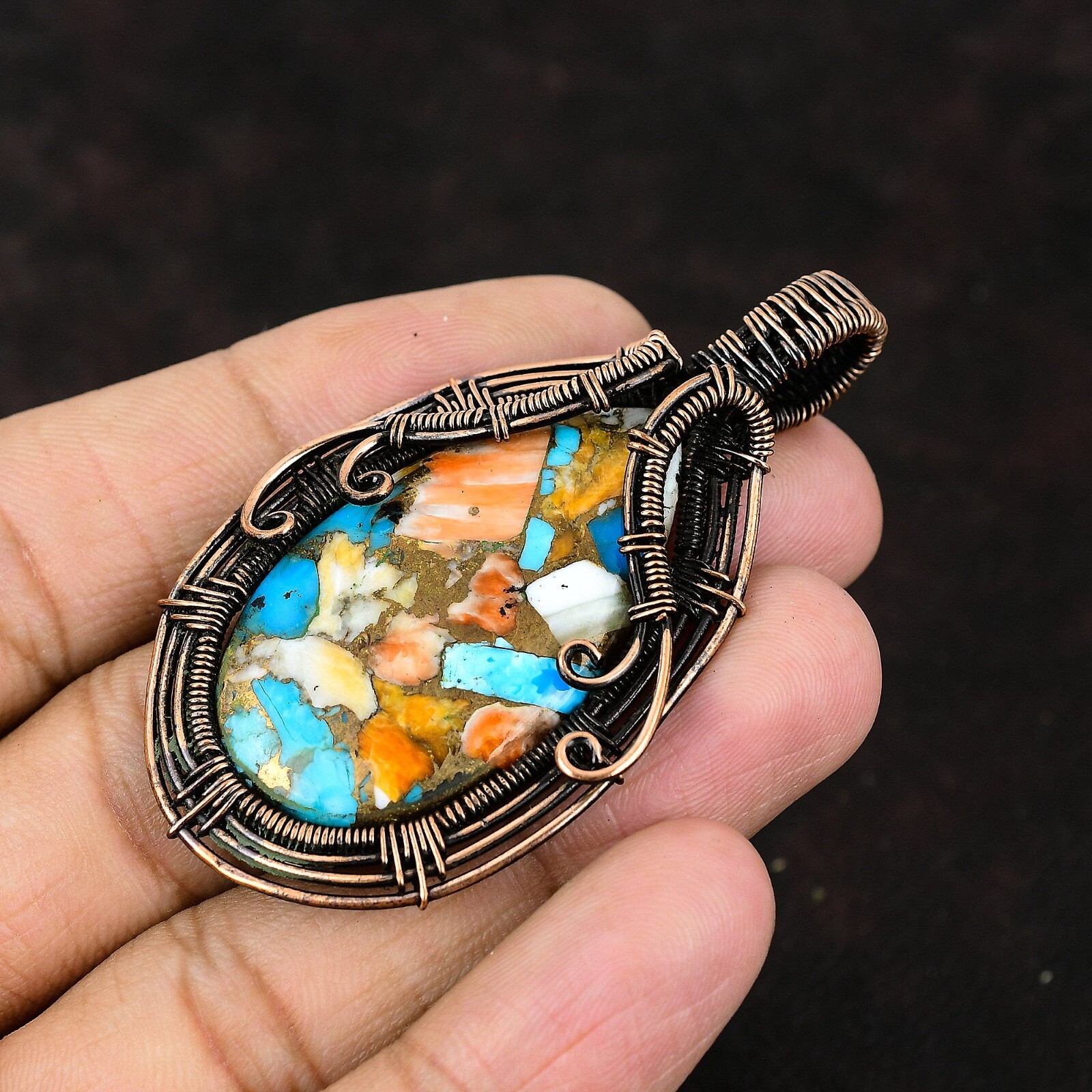 Spiny Oyster Turquoise Jewelry Copper Wire Wrapped Pendant For Women 2.56″