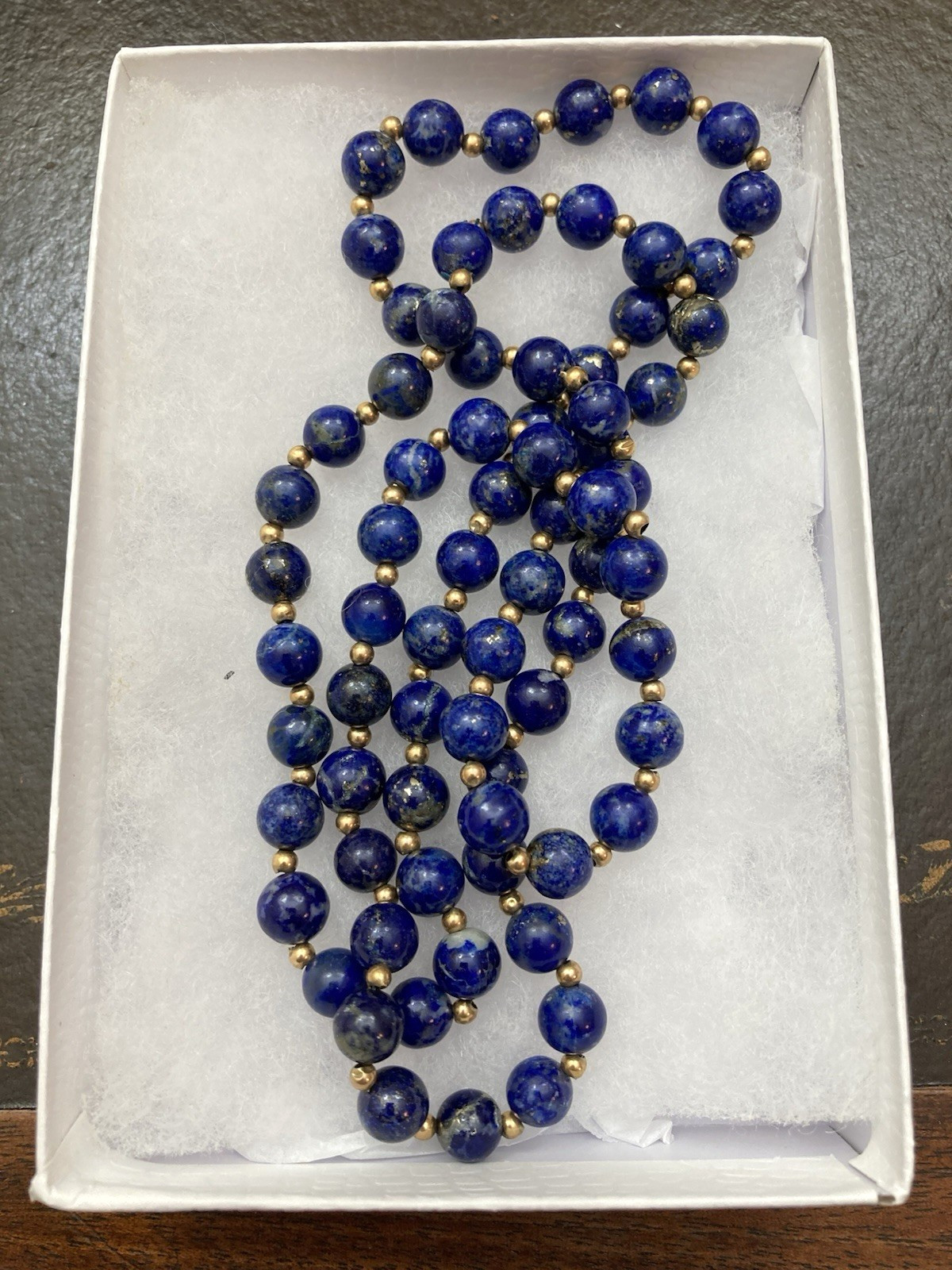 Estate Vintage 30” 7mm Blue Lapis Lazuli & 2mm 14K Gold Beaded Necklace, 57.3g
