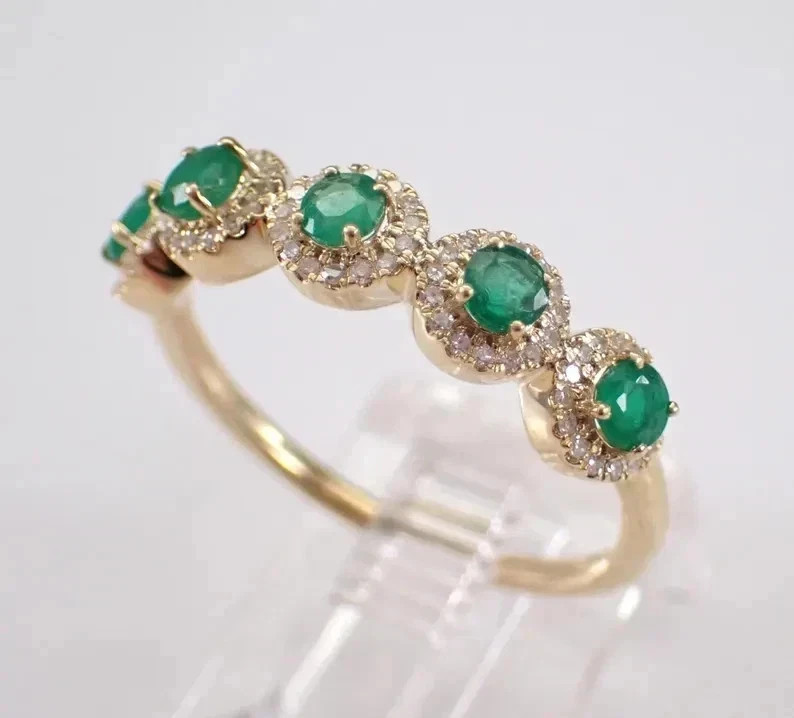 2.20 Ct Round Cut Natural Emerald & Diamond Wedding Ring 14K Yellow Gold