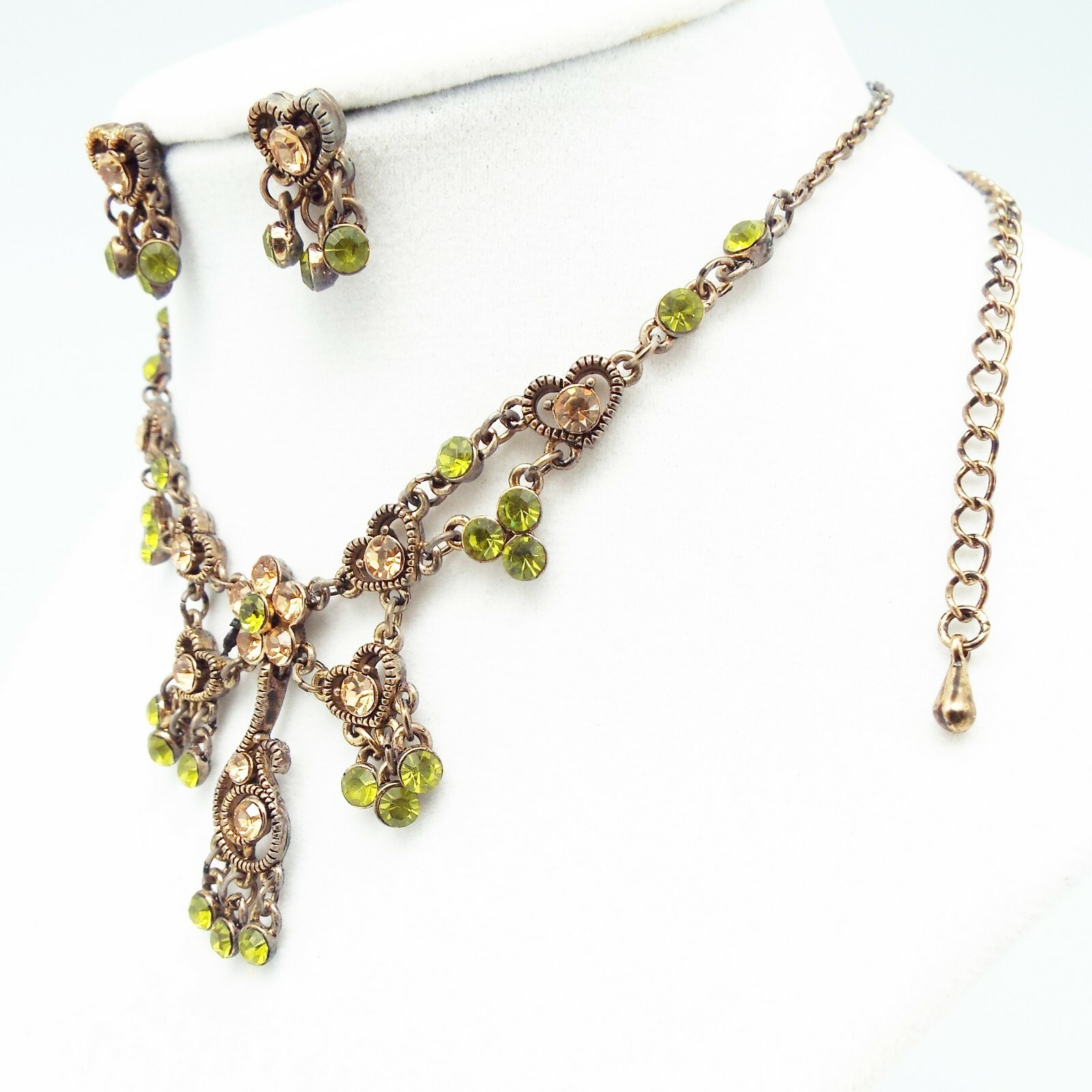 DESIGNER INSPIRED 18 in GREEN MULTI CRYSTAL BRONZE FLORAL DROP JEWELERY SET NEW