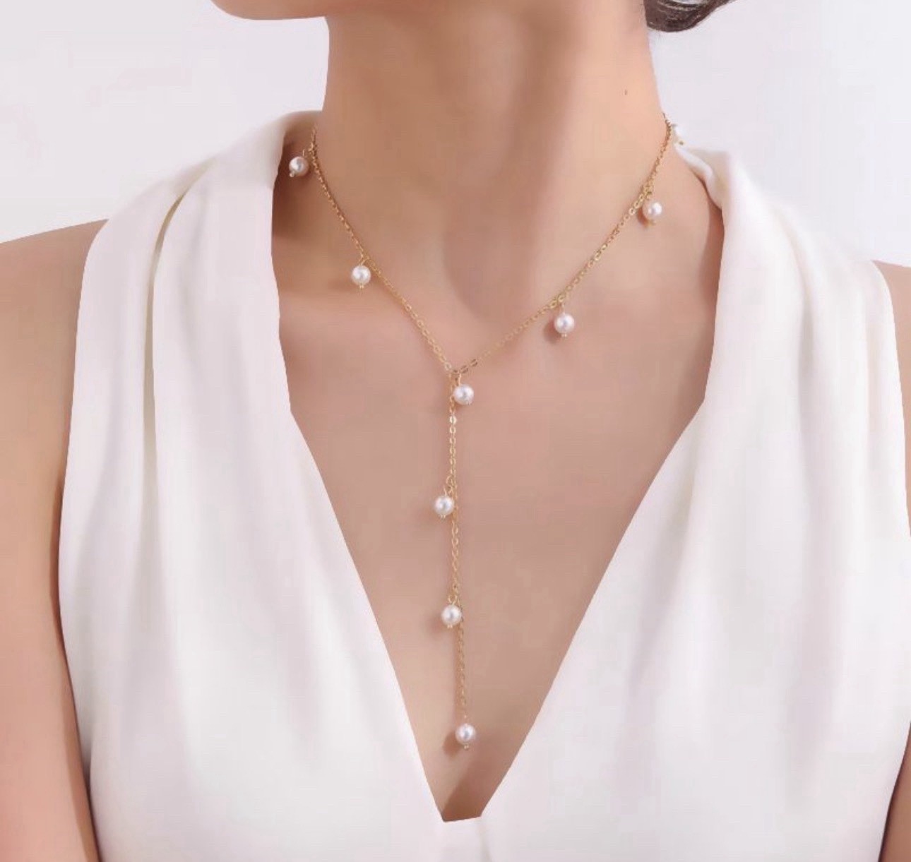 Gold Y Necklace Pearl Drop Dainty Chain Women Jewelry Y Elegant Lariat Necklace