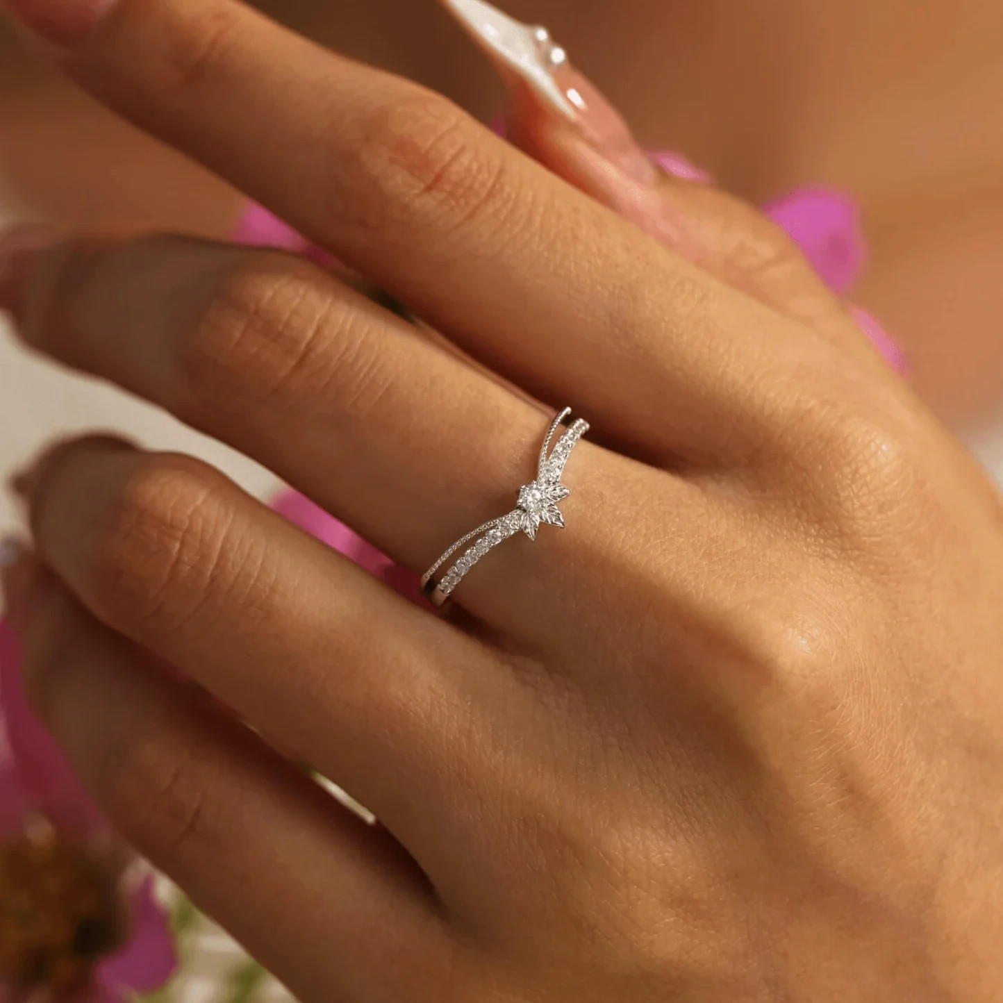 Sterling Silver Diamond Ring Elegant Women Jewelry Abloom Stacking Band Gift