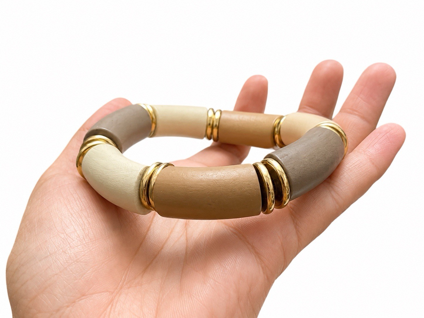 Chunky Color Block Stretch Round Bangle Bracelet Beige Gray Gold Tone