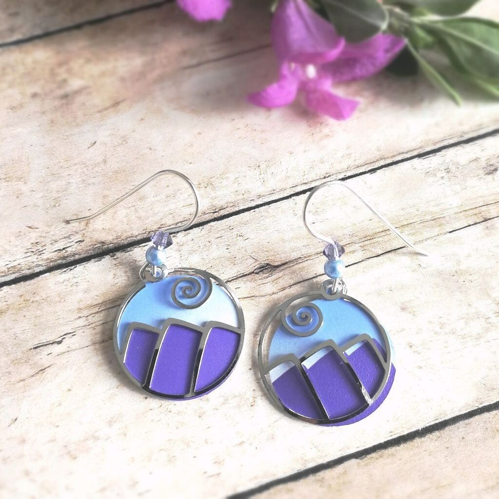Adajio Earrings Blue and Purple Mountain with Shiny Silver Overlay Handmade 8052