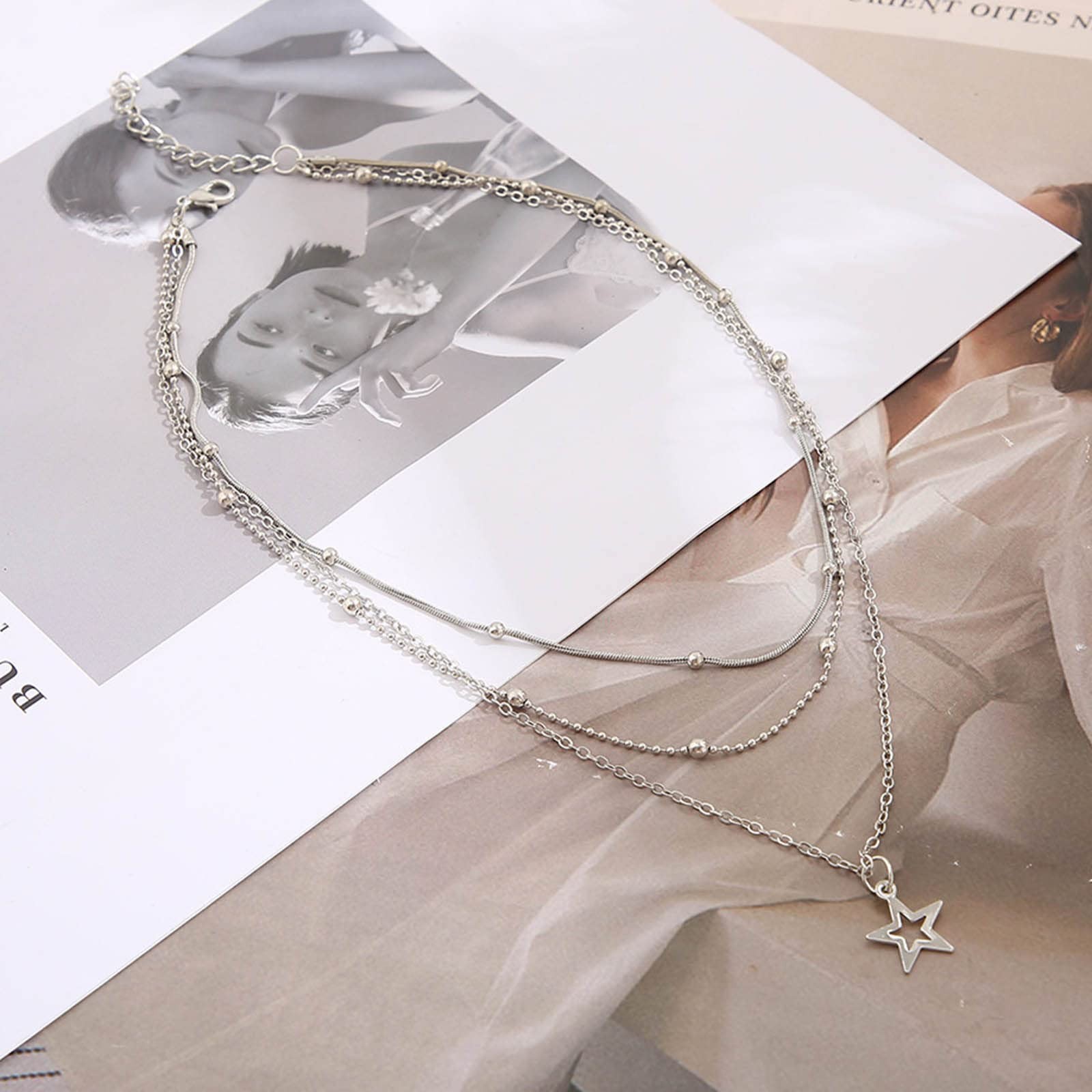 Boho Layered Star Necklace Choker – Silver Pendant, Beads Satellite Chain, Vinta