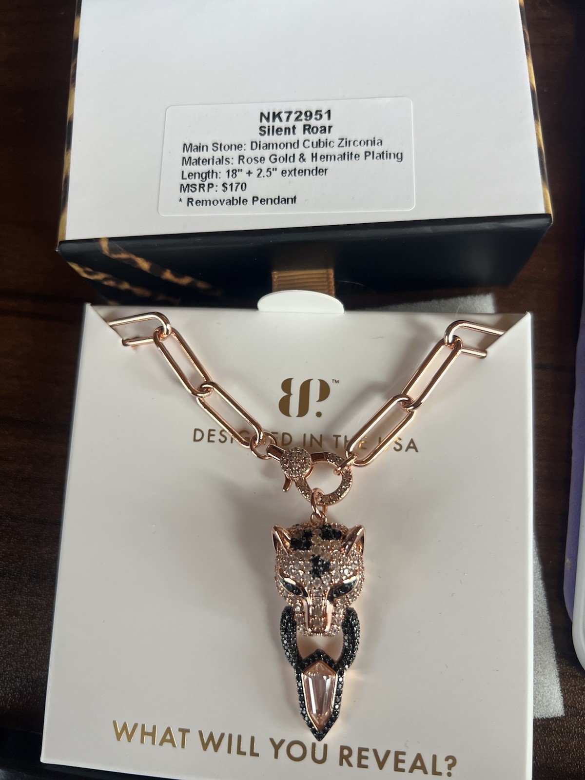 BP Rose Gold Plated Bar Link Necklace w/ Clear CZ Animal Charm 18″ NK72951