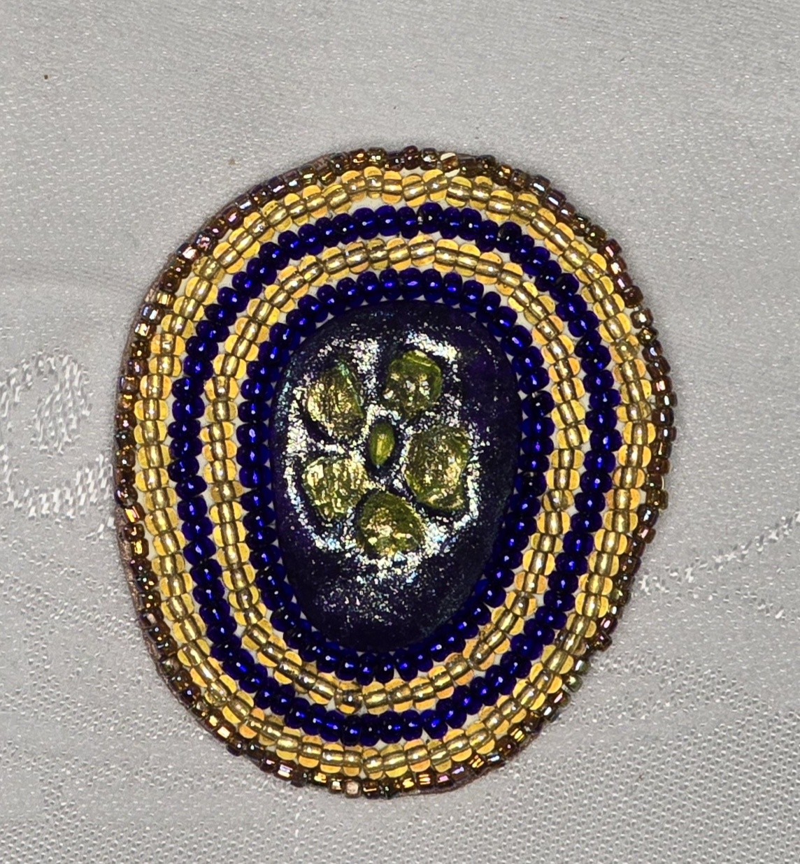 Oval Blue & Gold Beads Flower Brooch Pin, Beaded Design, 2 in x 1 1/2 in