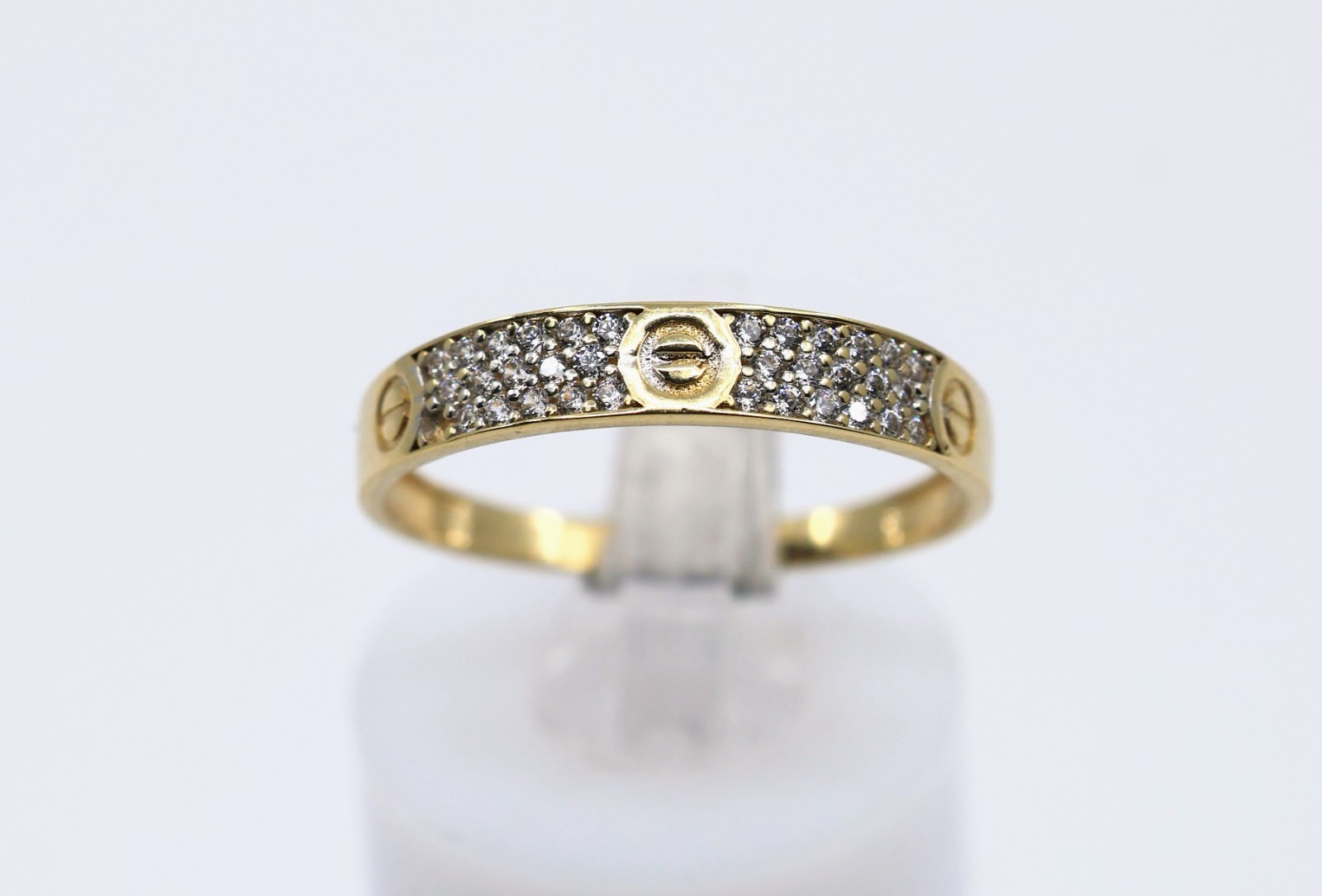14K Solid Yellow Gold CZ Pave Womens Stackable Band Ring Screw Motif – Size 8.25