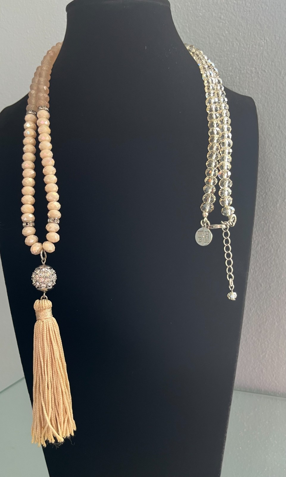 White House Black Market WHBM Long Tassel Necklace Pink Ombre & Crystal Beads