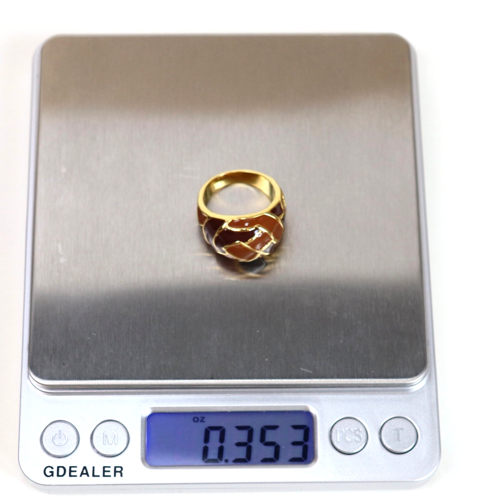 Gold Tone Enamel Statement Cocktail Geometric Ring Burnt Orange Brown Sz 7.5