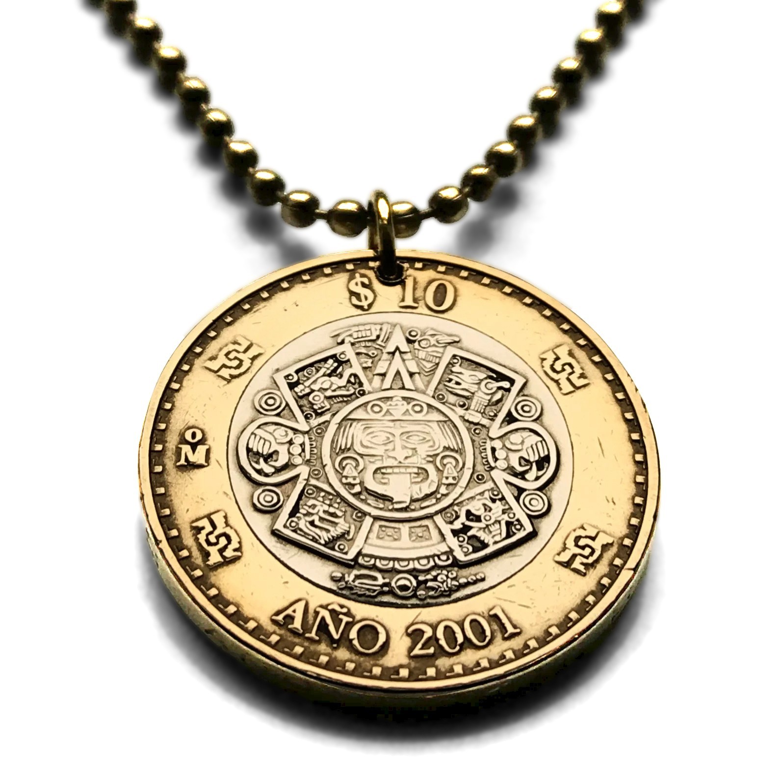 2001 Mexico 10 coin pendant Aztec sun stone calendar Piedra de Sol Mexica 002811